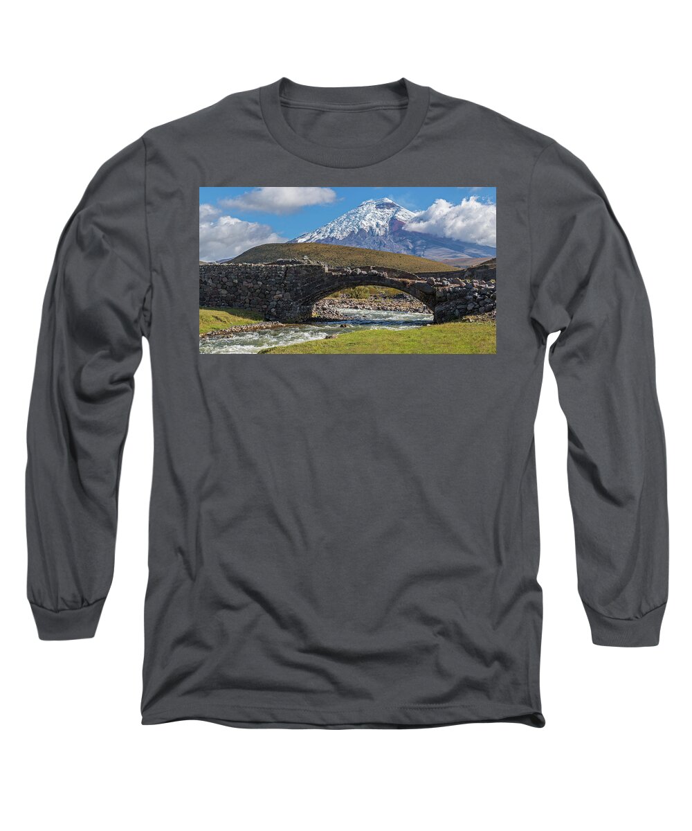 Andes Long Sleeve T-Shirt featuring the photograph Cotopaxi volcano, old bridge and Pita river by Henri Leduc