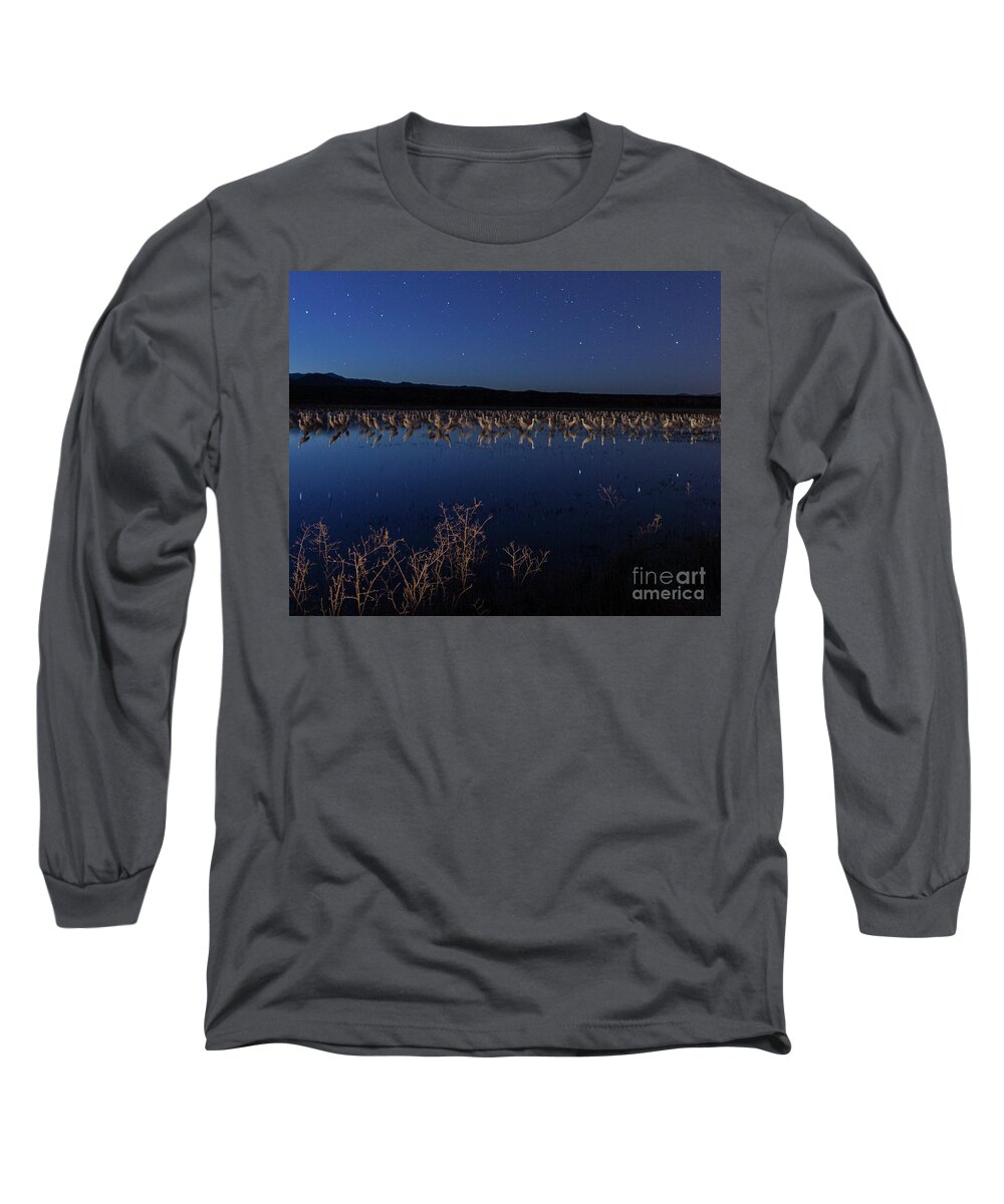 Bosque Del Apache Long Sleeve T-Shirt featuring the photograph Cranes at dusk by Maresa Pryor-Luzier