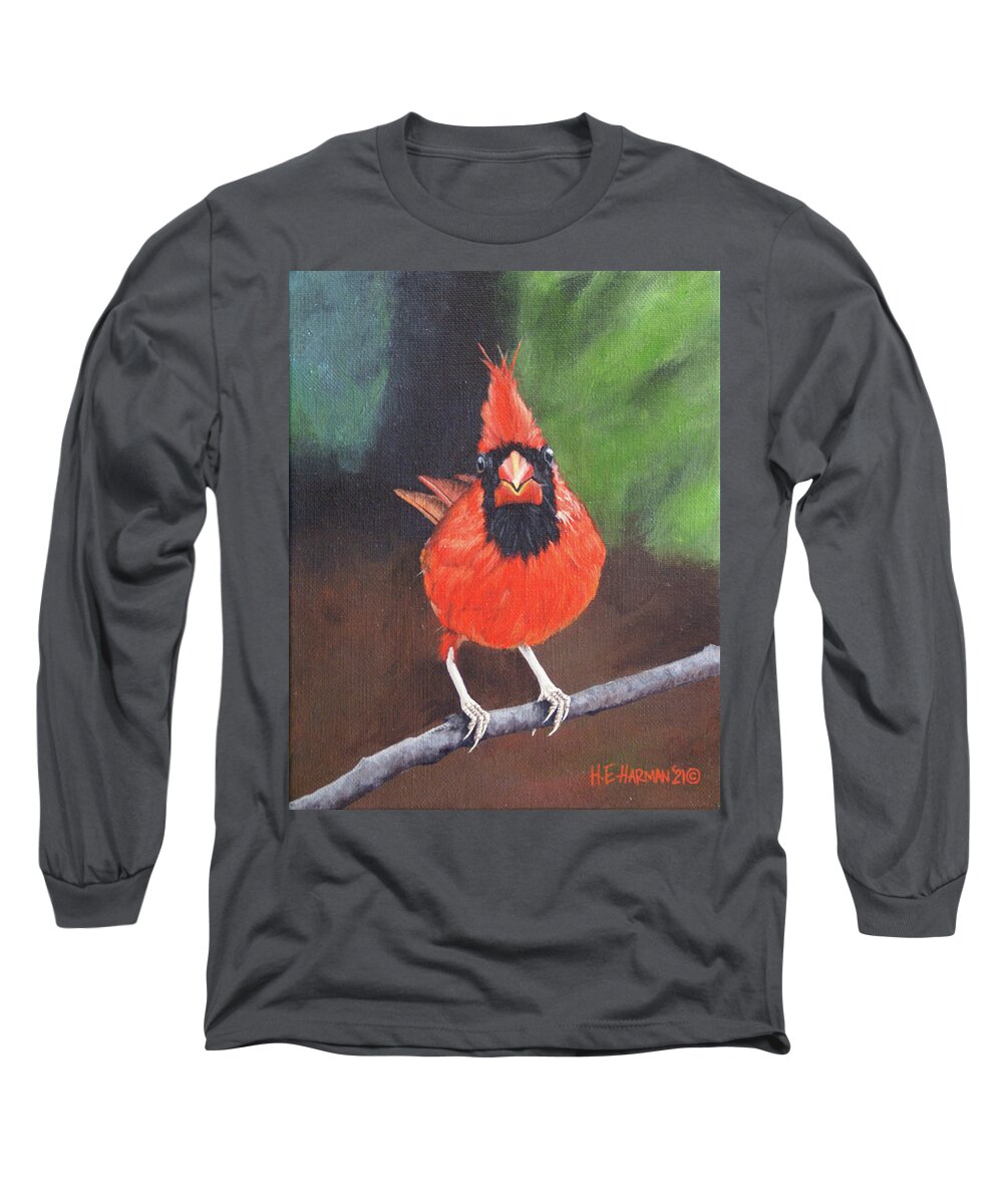 Northern Cardinal Long Sleeve T-Shirt featuring the painting Crested Messenger by Heather E Harman