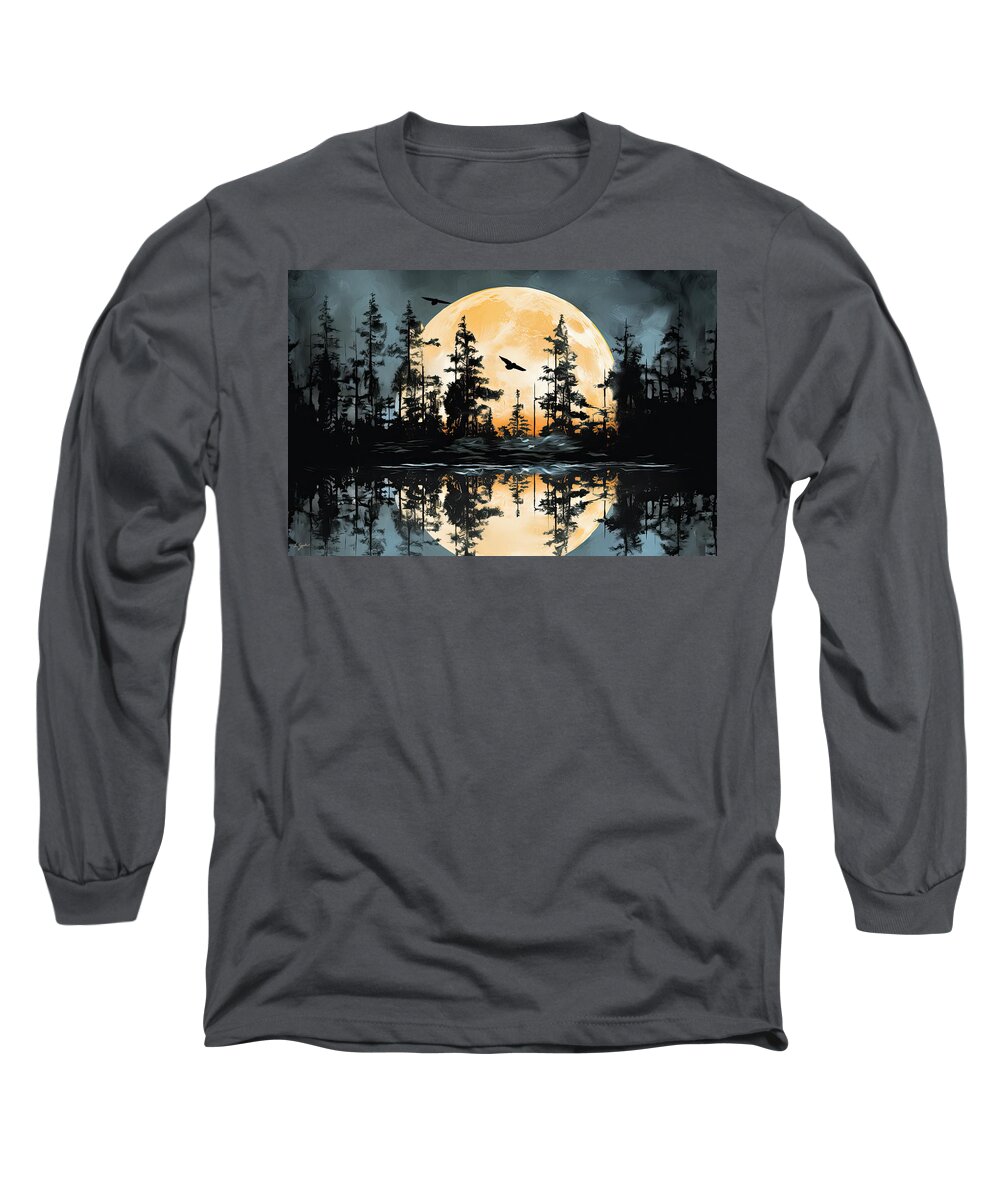 Blue Long Sleeve T-Shirt featuring the painting Dance in the Moonlight - Blue and Orange Wall Art by Lourry Legarde