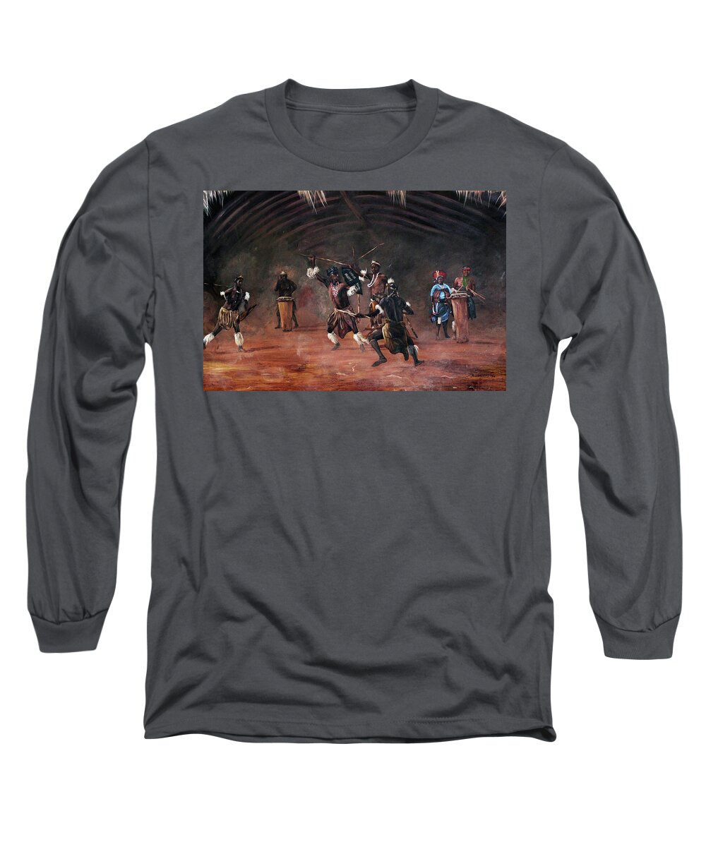 African Art Long Sleeve T-Shirt featuring the painting Dance Of Spears by Ronnie Moyo