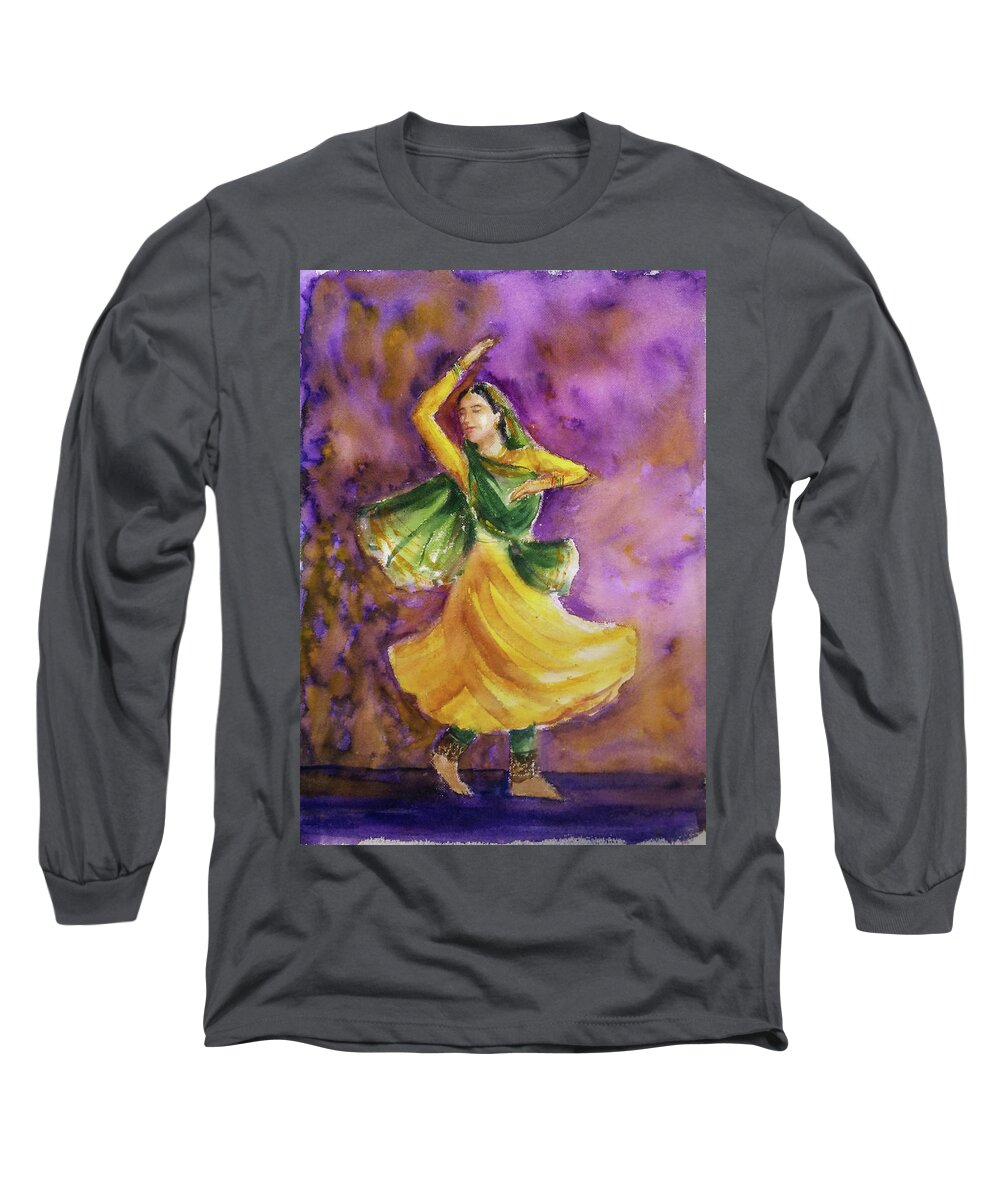Kathak Dancer Long Sleeve T-Shirt featuring the painting Dancer by Asha Sudhaker Shenoy