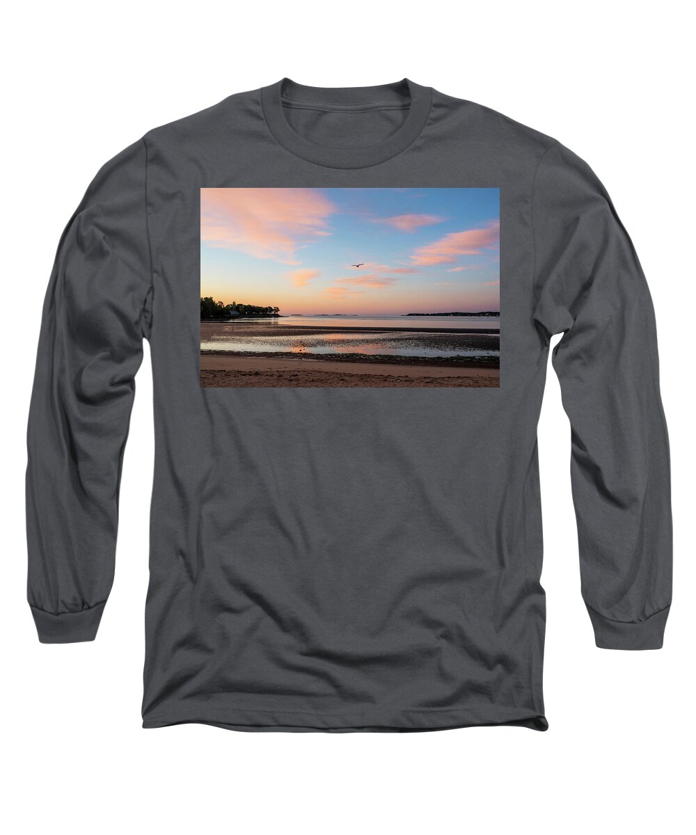 Beverly Long Sleeve T-Shirt featuring the photograph Dane Street Beach in Beverly MA Morning Light Red Clouds by Toby McGuire