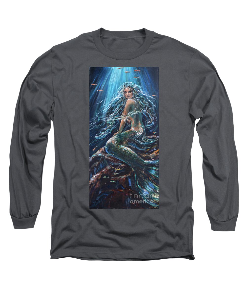 Mermaid Long Sleeve T-Shirt featuring the painting Darkness Darkness by Linda Olsen