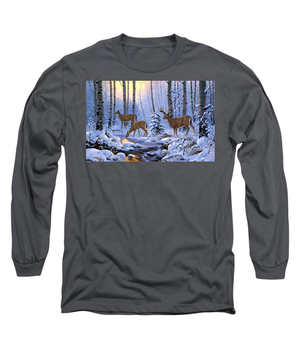 Deer Family Long Sleeve T-Shirt featuring the mixed media A Deer Family Winter Sunrise Scene by Sandi OReilly