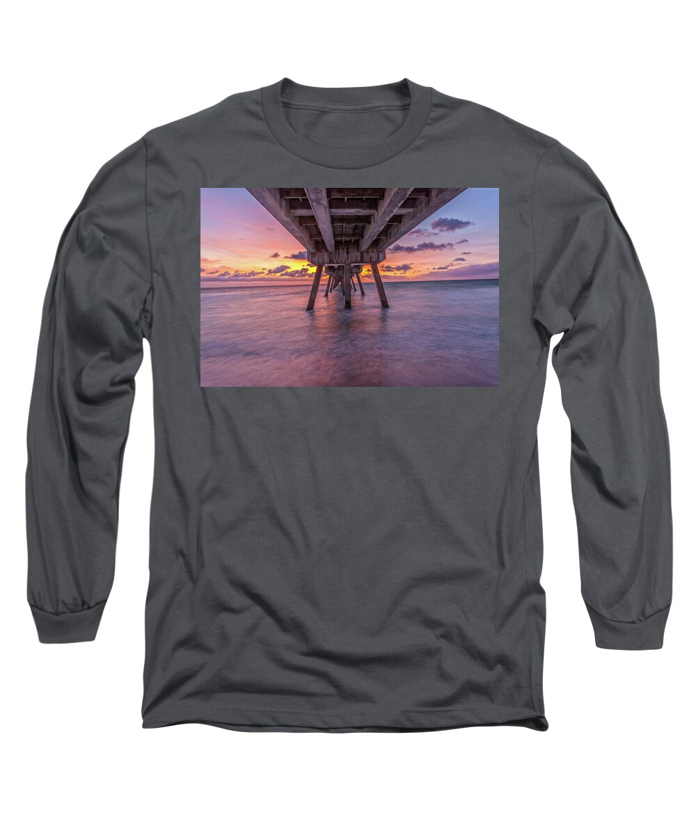 Deerfield Beach Pier Long Sleeve T-Shirt featuring the photograph Deerfield sunrise viewunder by Chris Spencer
