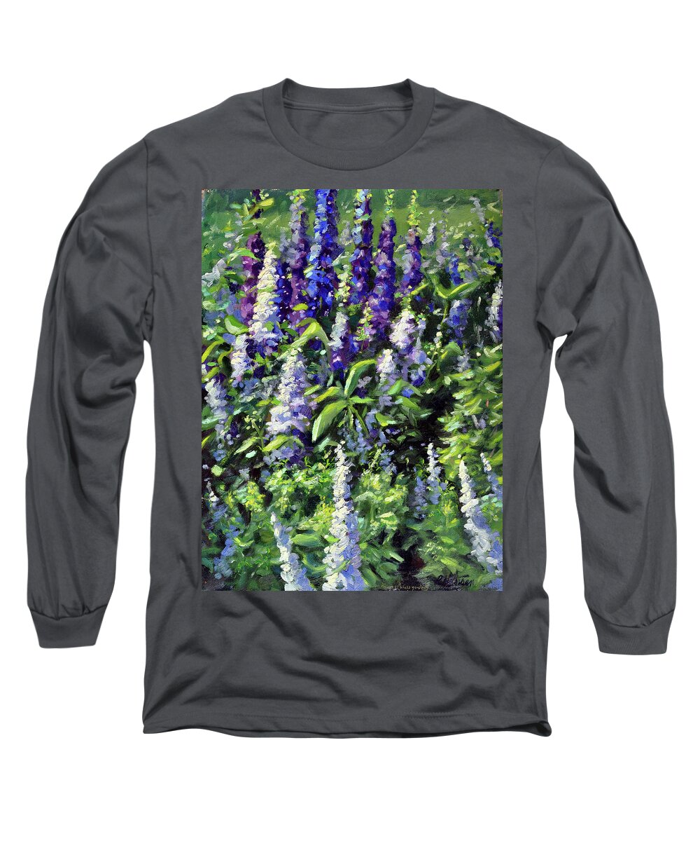 Garden Landscape Long Sleeve T-Shirt featuring the painting Delphinium Day by Rick Hansen