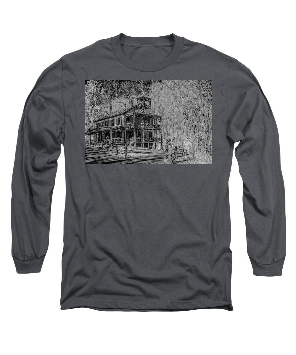 Infrared Long Sleeve T-Shirt featuring the photograph Deserted Village Building in Infrared black and white by Alan Goldberg