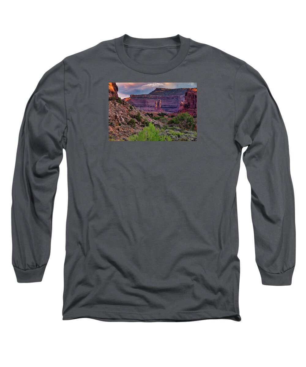 Moab Utah Blm Desert Colorado Plateau Sunset Red Rock Long Sleeve T-Shirt featuring the photograph Determination Towers by Dan Norris