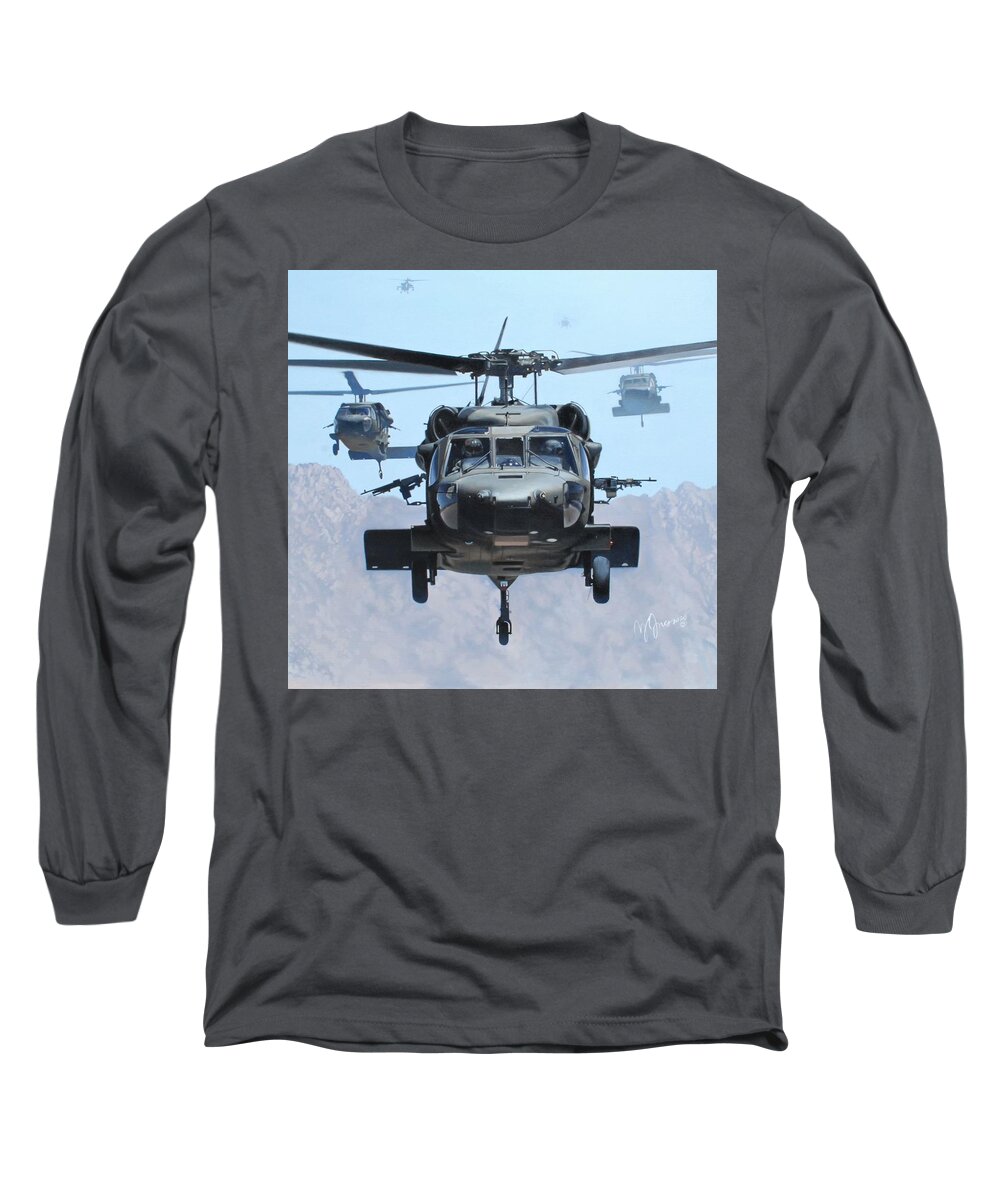 Uh-60 Long Sleeve T-Shirt featuring the painting Direct Assault by Murray Jones