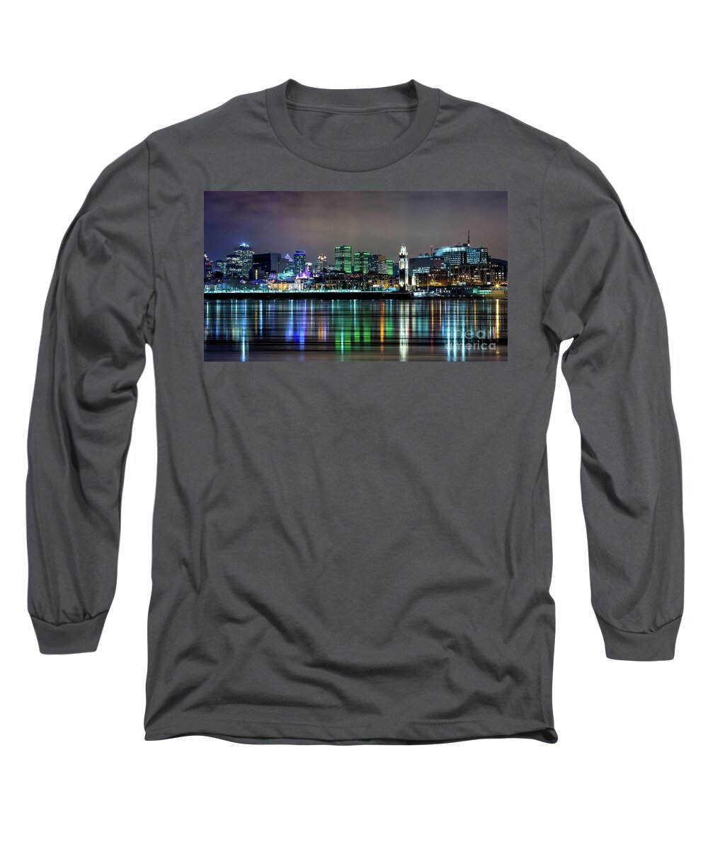 Montreal Long Sleeve T-Shirt featuring the photograph Downtown Montreal in winter. Night shot with reflected city ligh by Jane Rix