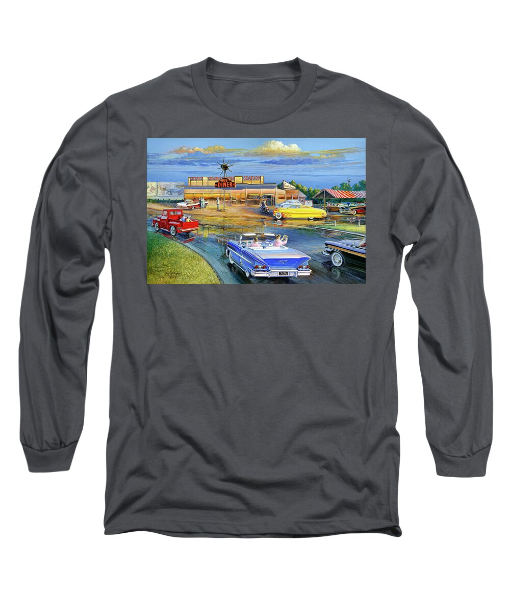 1958 Long Sleeve T-Shirt featuring the painting Dragging the Circle - Hub Diner by Randy Welborn