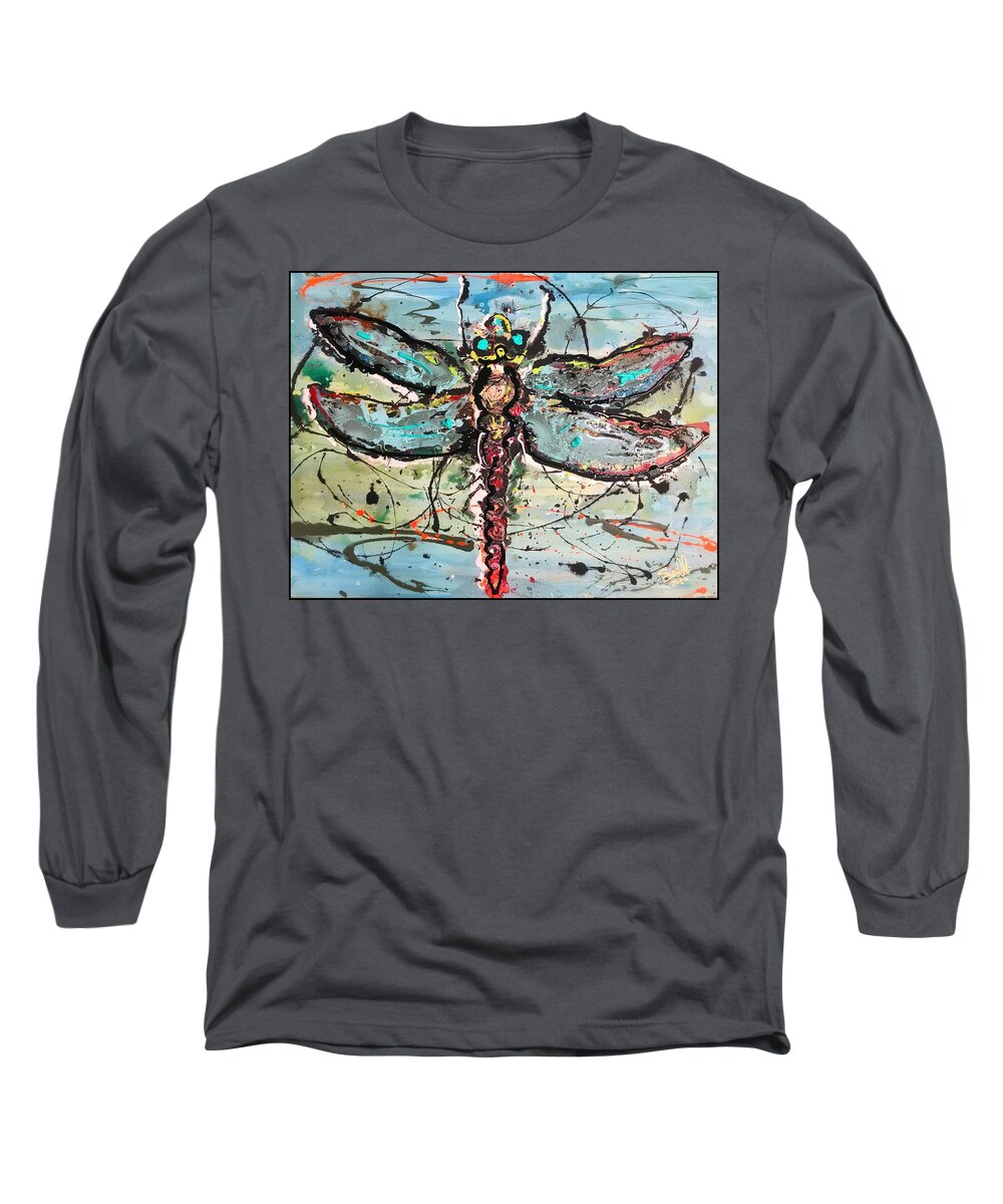 Dragonfly Long Sleeve T-Shirt featuring the painting Dragon Fly Fly away 2 by Sergio Gutierrez