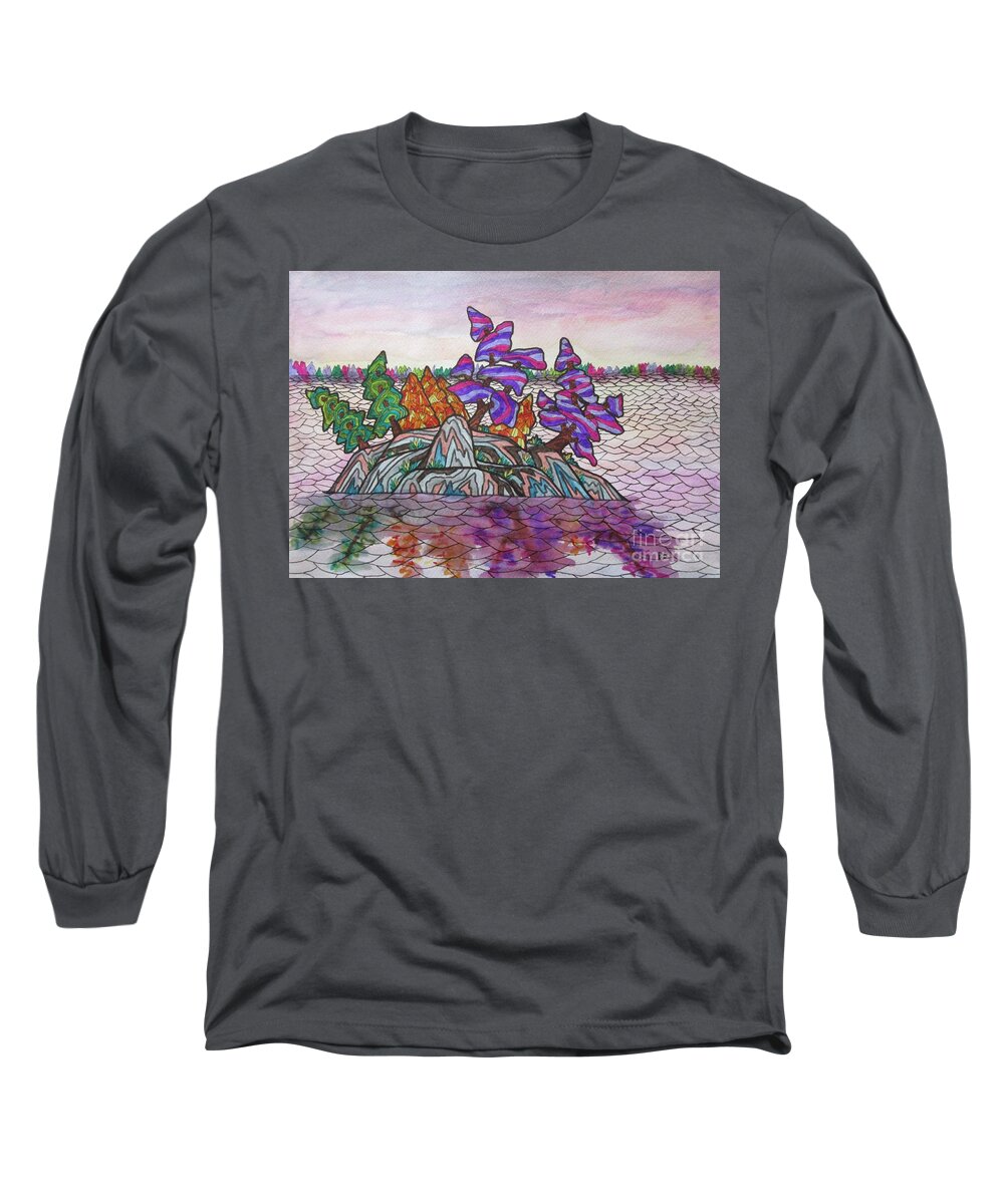 Landscape Island Abstract Bag Mask Decor Office Colour Trees Outdoor Ontario Canada Purple Blue Long Sleeve T-Shirt featuring the mixed media Dream Island by Bradley Boug