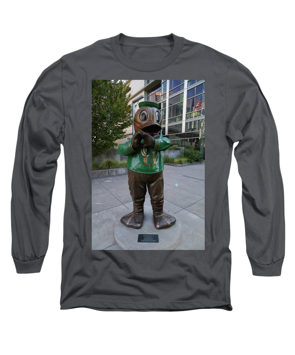 University Of Oregon Ducks Long Sleeve T-Shirt featuring the photograph Duck statue at the University of Oregon by Eldon McGraw