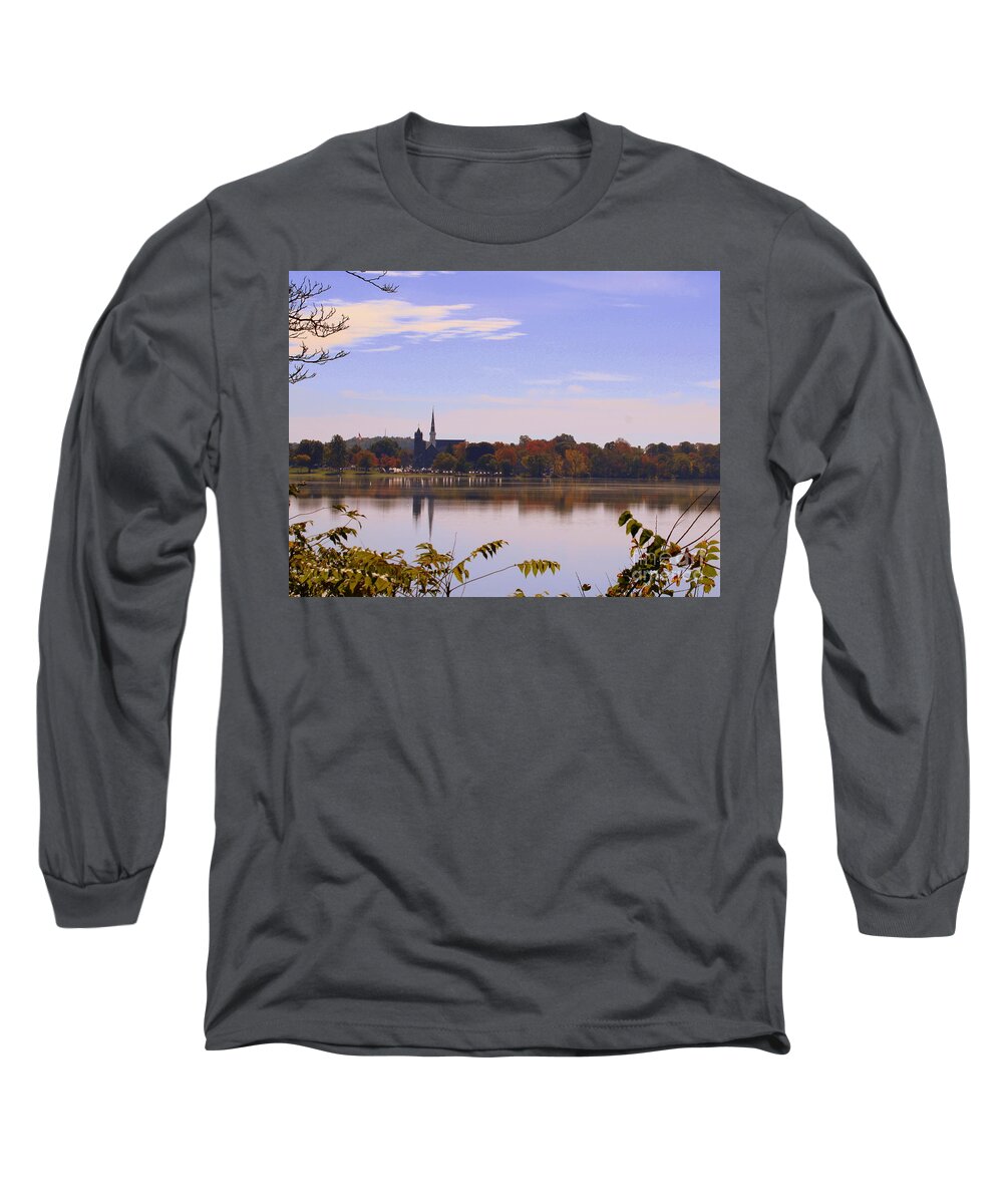 Fall Wakefield Lake Quanapowitt Long Sleeve T-Shirt featuring the photograph Early Fall with the Baptist Church by Lennie Malvone