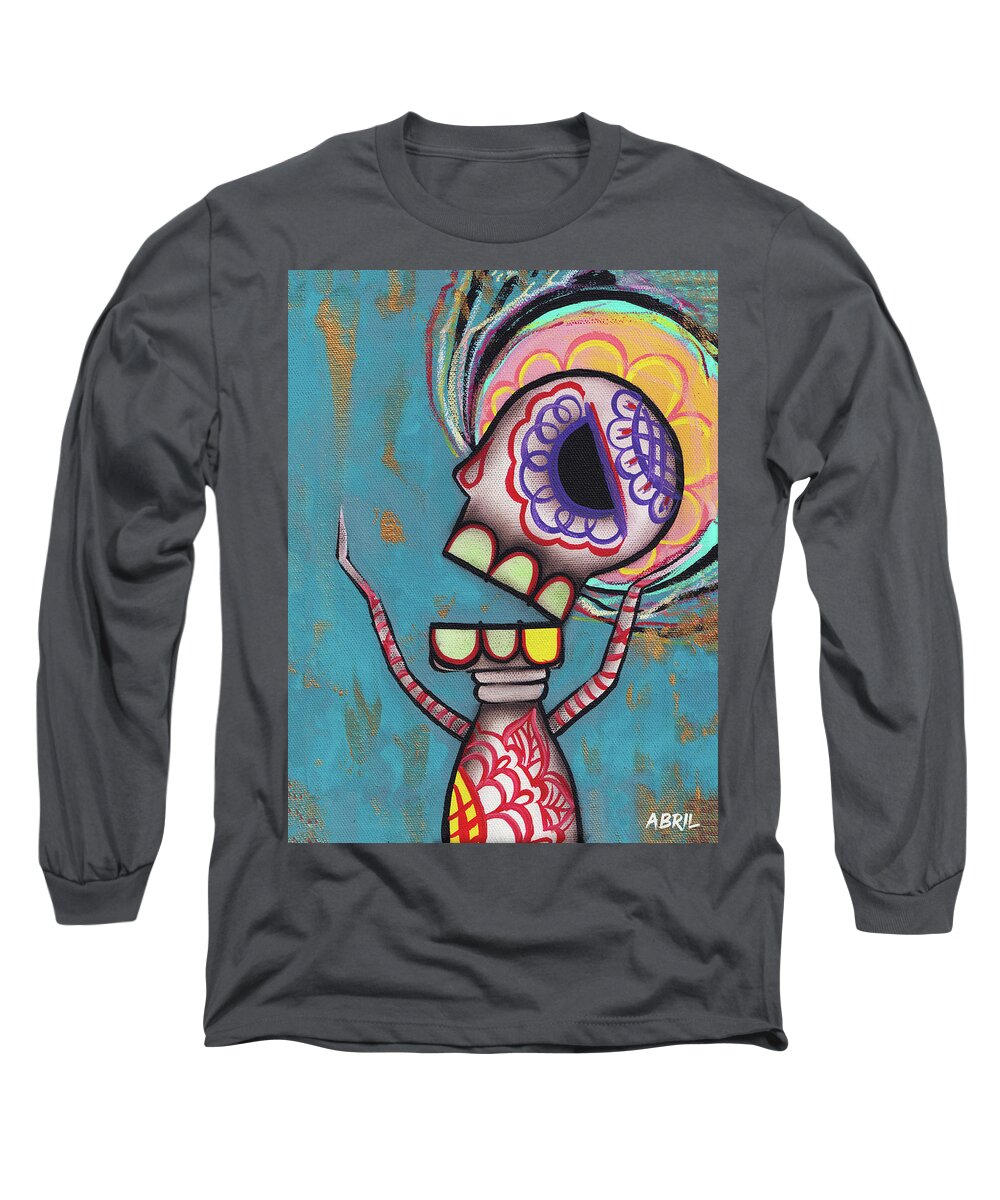Dia De Los Muertos Long Sleeve T-Shirt featuring the painting Elevated Sorrow by Abril Andrade