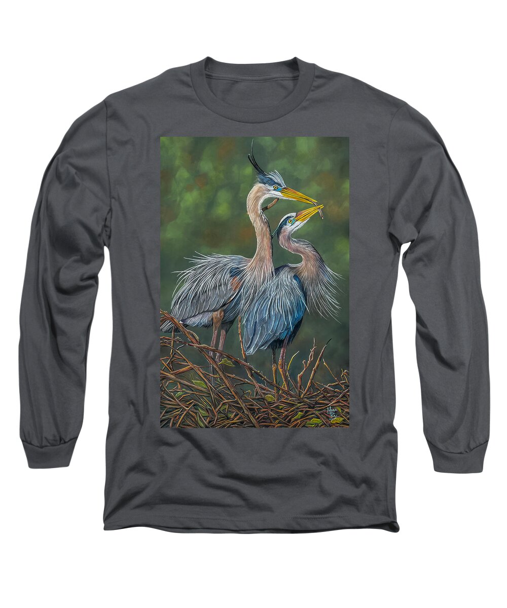 Blue Heron Long Sleeve T-Shirt featuring the pastel Empty Nesters by Mark Ray