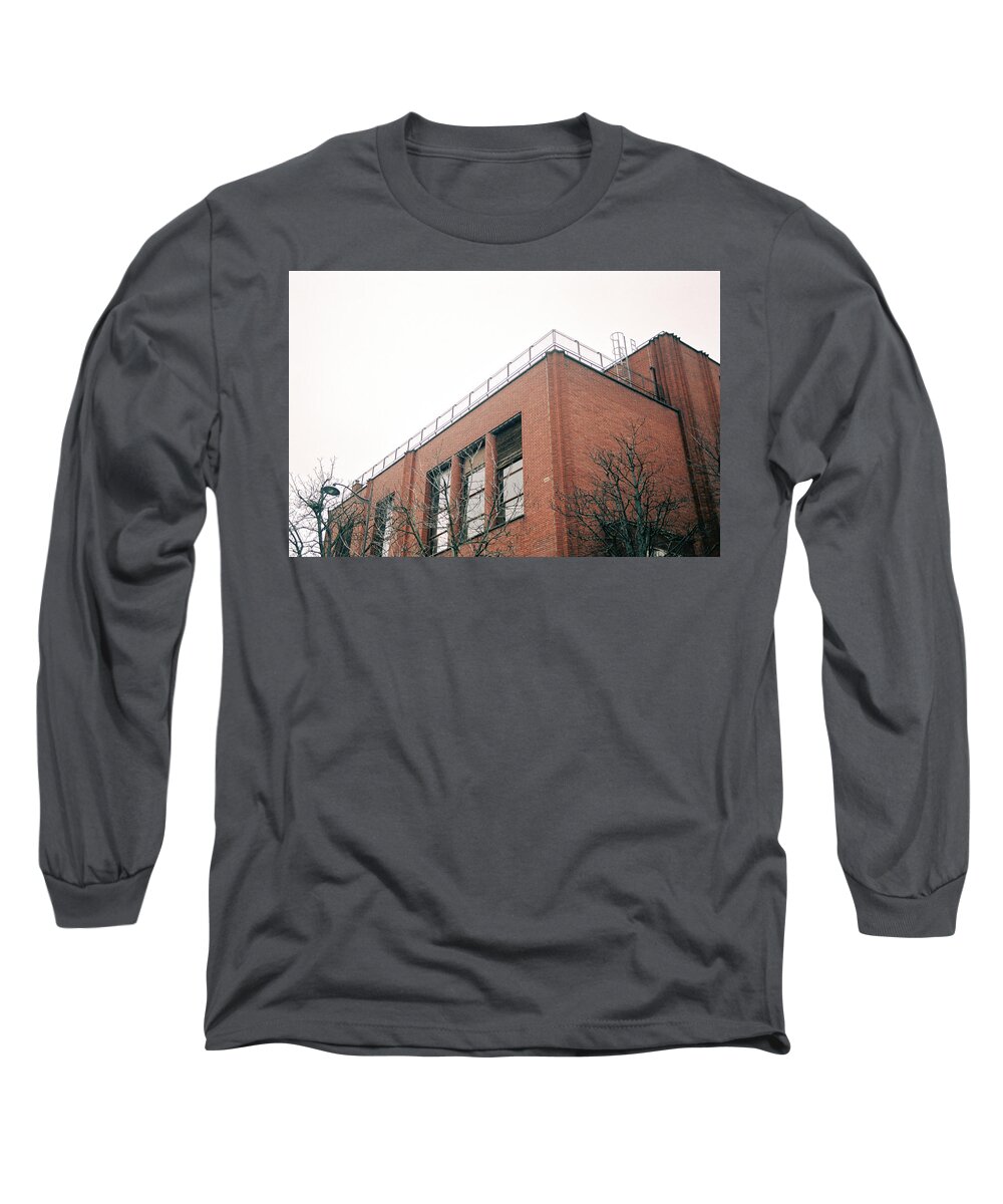 Facade Long Sleeve T-Shirt featuring the photograph Facade of industrial building made of bricks by Barthelemy De Mazenod