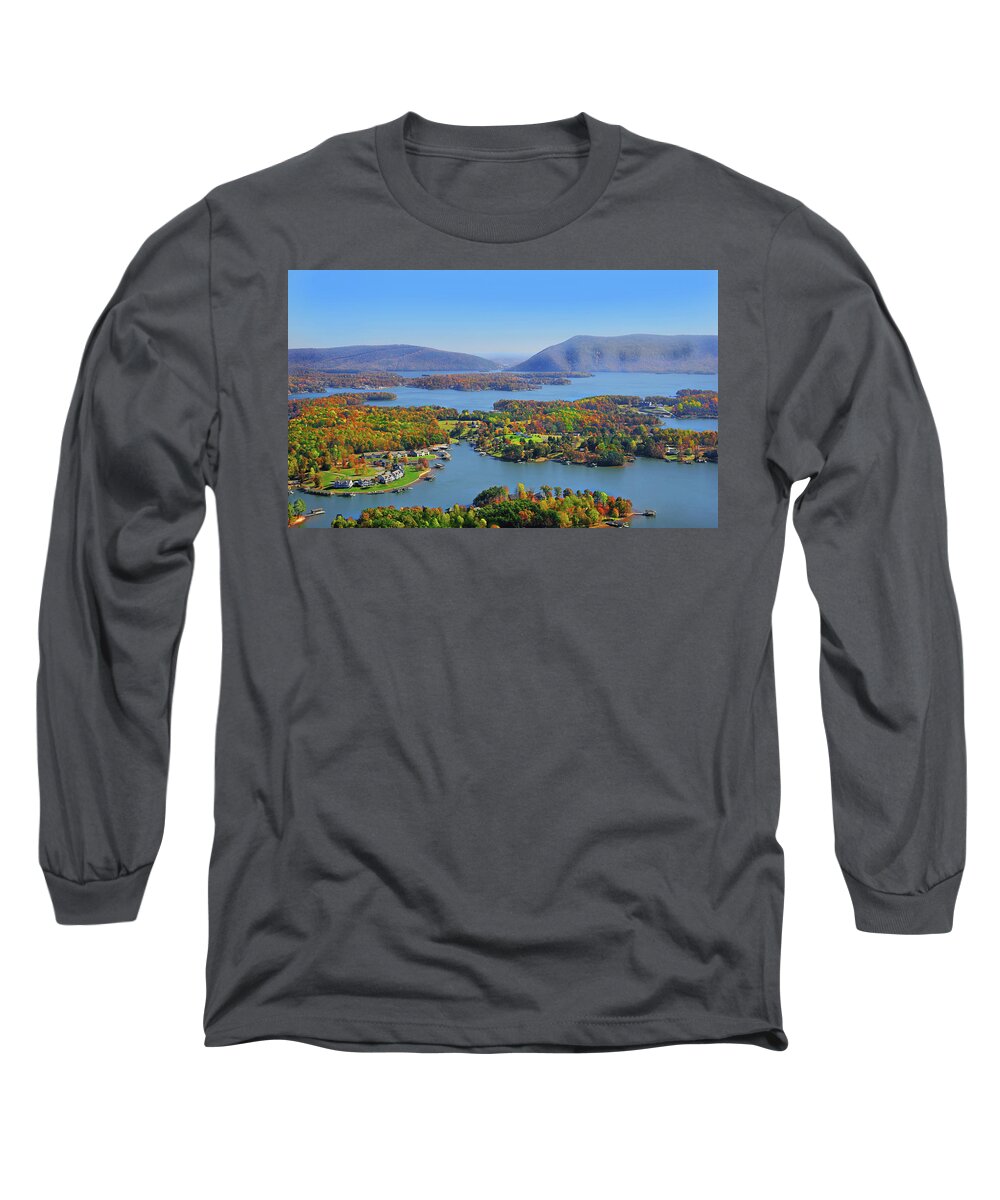 Smith Mountain Lake Long Sleeve T-Shirt featuring the photograph Fall Aerial Smith Mountain Lake by The James Roney Collection