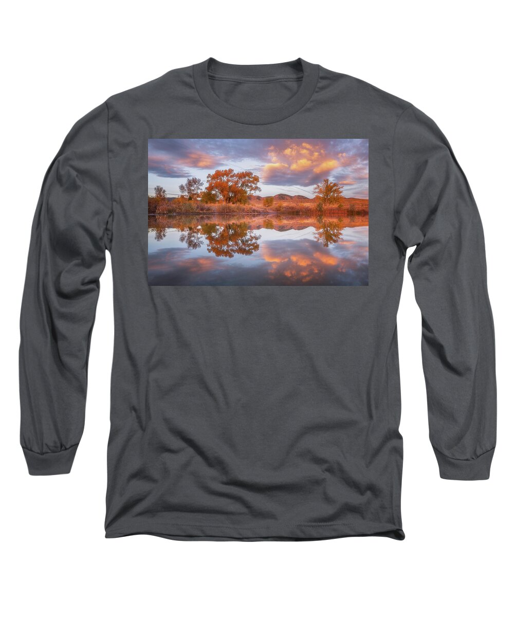 Fall Colors Long Sleeve T-Shirt featuring the photograph Fall Sunrise at the Pond by Darren White