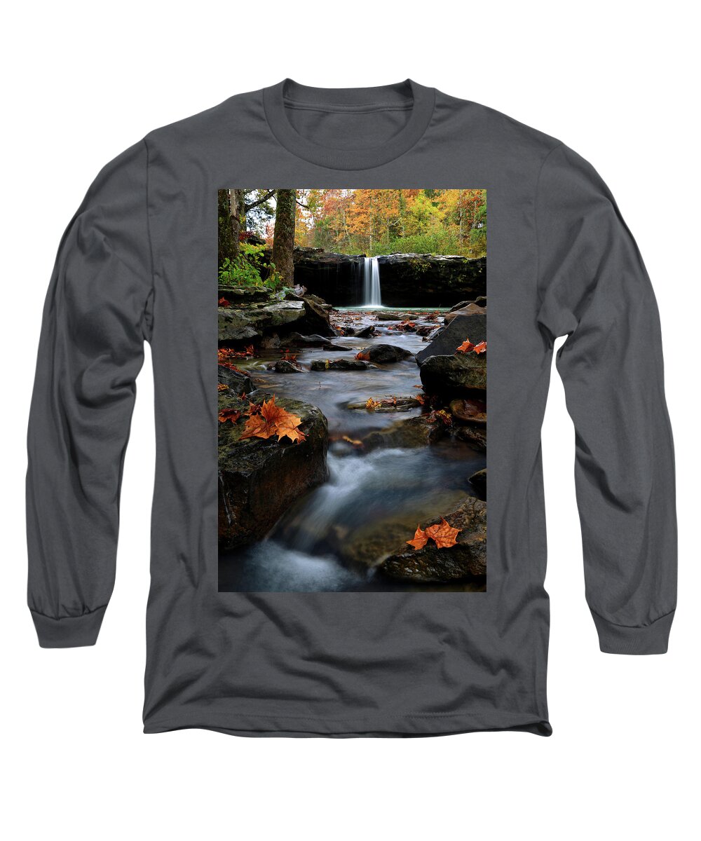 Waterfall Long Sleeve T-Shirt featuring the photograph Falling Water Falls in Autumn - Ozarks by William Rainey