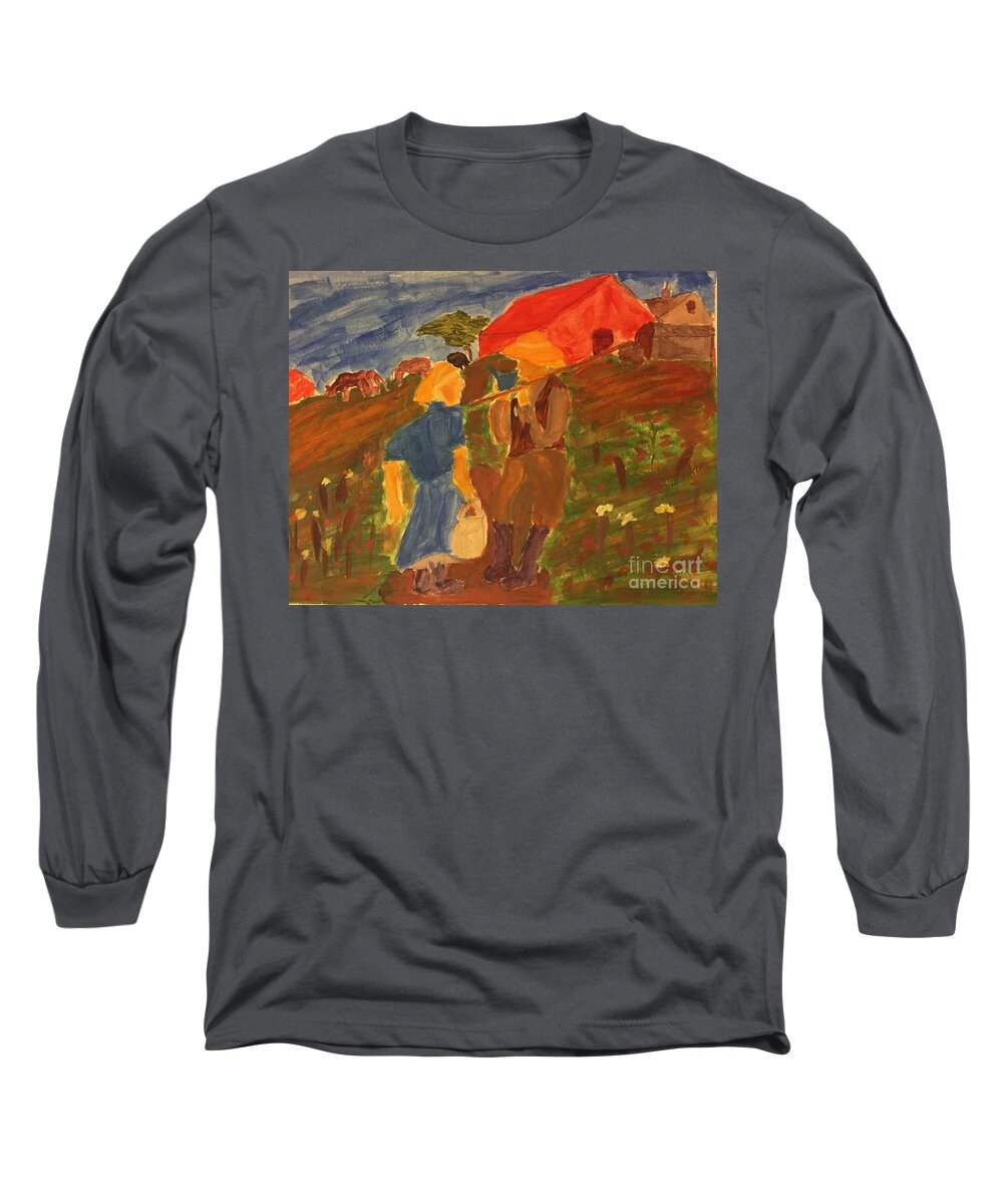 Farmer Long Sleeve T-Shirt featuring the painting Farmers On The Field by Aisha Isabelle