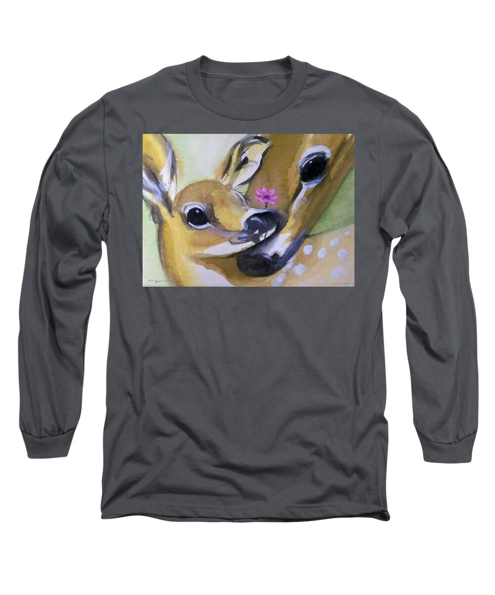 Outdoors Long Sleeve T-Shirt featuring the painting Fawn 1 by Ed Heaton