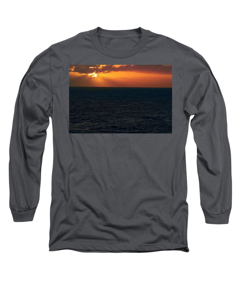 Water; Sunset; Ocean; Travel; Color Long Sleeve T-Shirt featuring the photograph Fiery Sunset by AE Jones