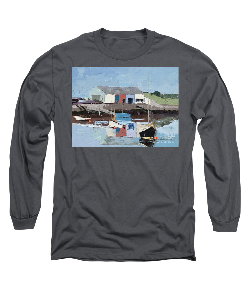 Findhorn Long Sleeve T-Shirt featuring the painting Findhorn Marina - Plein Air, 2015 by PJ Kirk