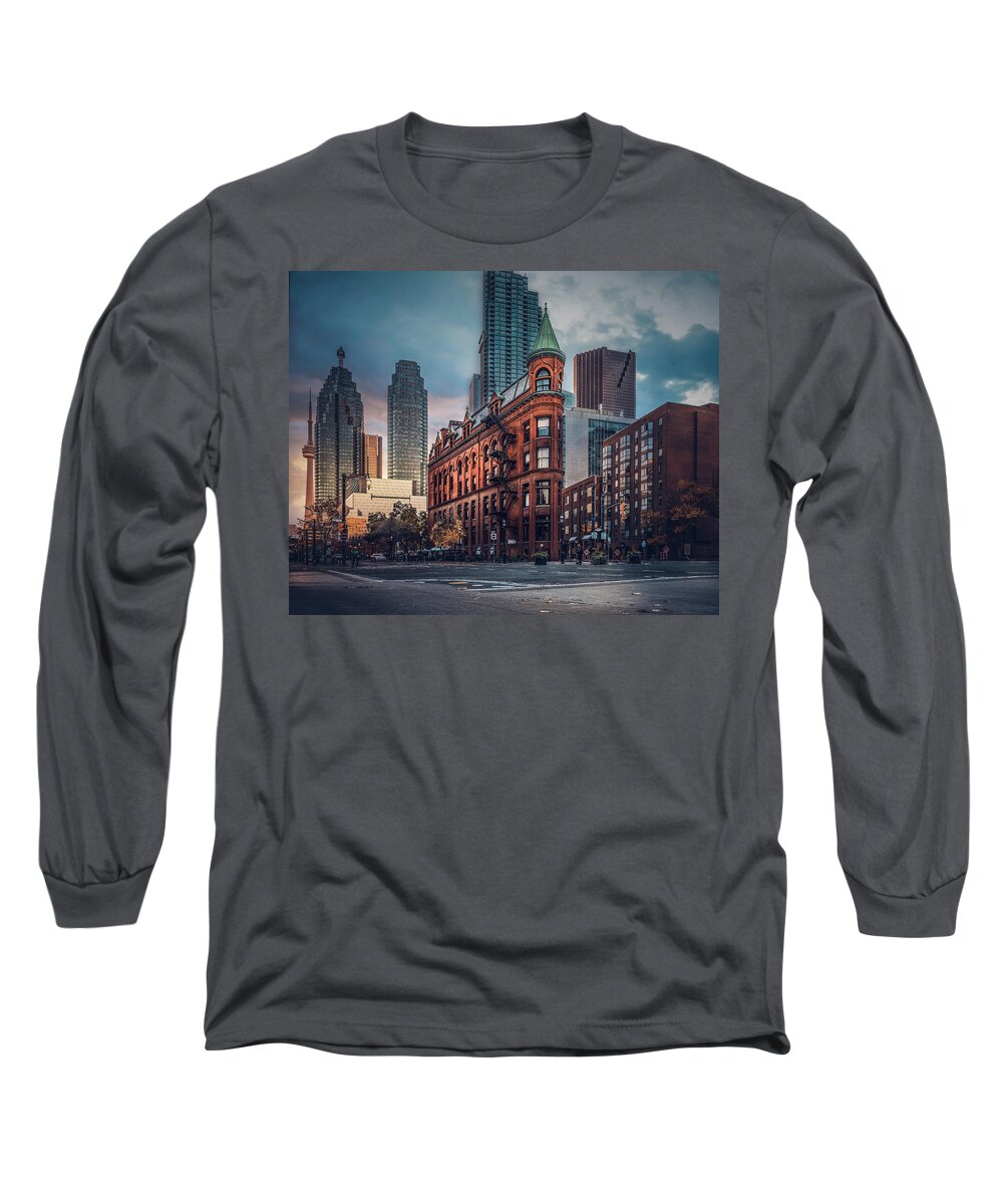 Gooderham Building Long Sleeve T-Shirt featuring the photograph Flatiron Building Toronto - Urban Sunset - DS Cinematic by Dee Potter