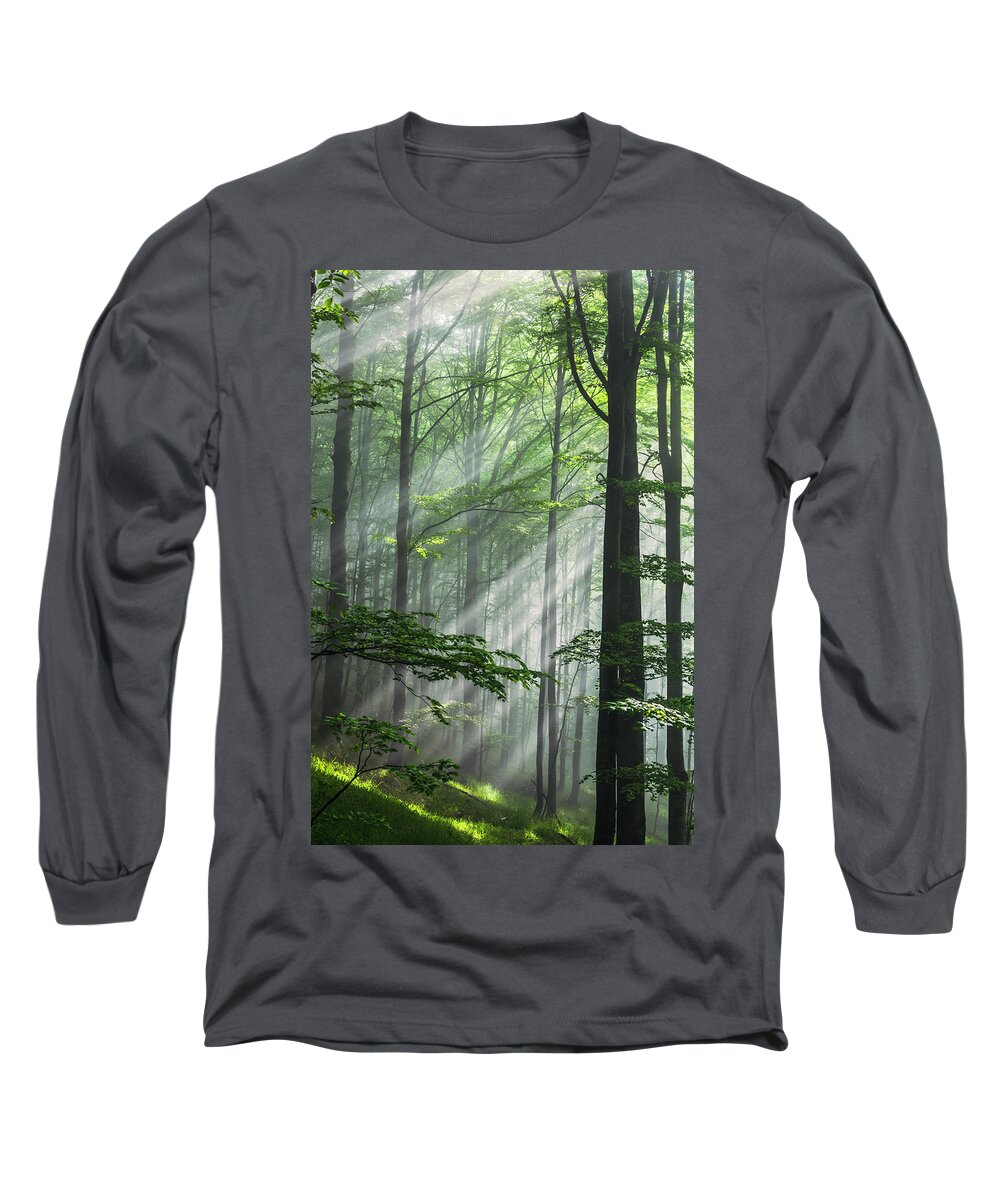 Fog Long Sleeve T-Shirt featuring the photograph Fleeting Beams by Evgeni Dinev