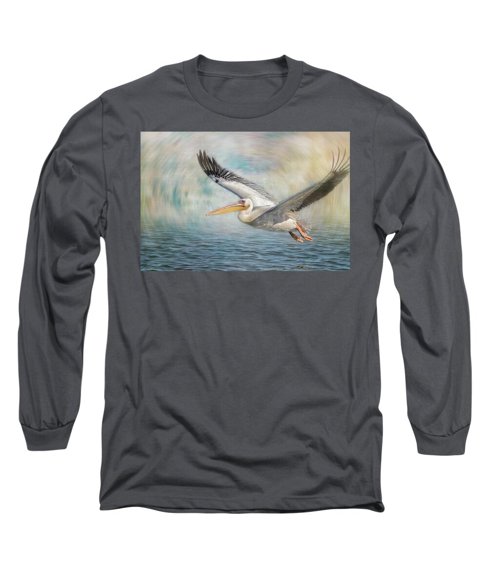 Great White Pelican Long Sleeve T-Shirt featuring the photograph Flight of a Great White Pelican by Belinda Greb