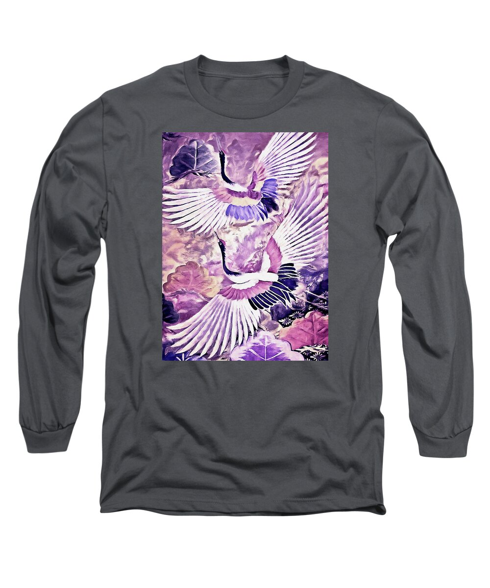 Flight Of Lovers Long Sleeve T-Shirt featuring the painting Flight of Lovers - Kimono Series by Susan Maxwell Schmidt