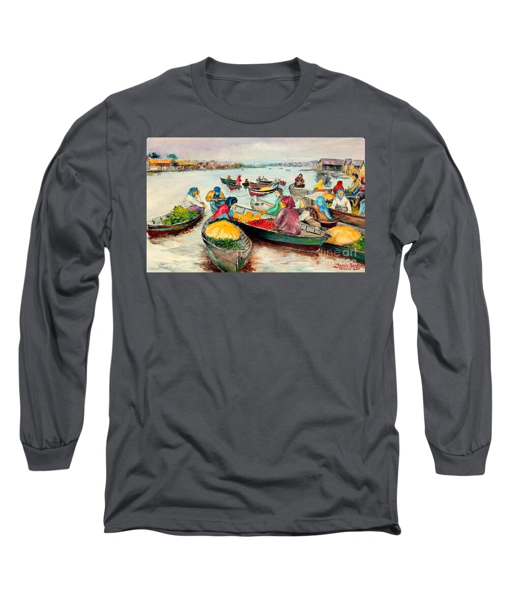 River Long Sleeve T-Shirt featuring the painting Floating Market by Jason Sentuf