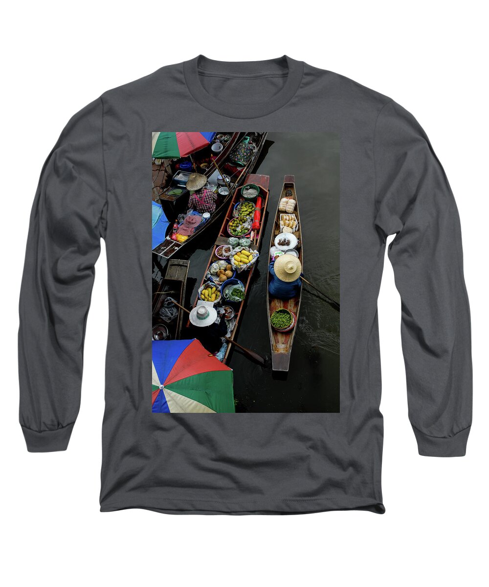 Floating Long Sleeve T-Shirt featuring the photograph Market Mornings - Floating Market, Thailand by Earth And Spirit
