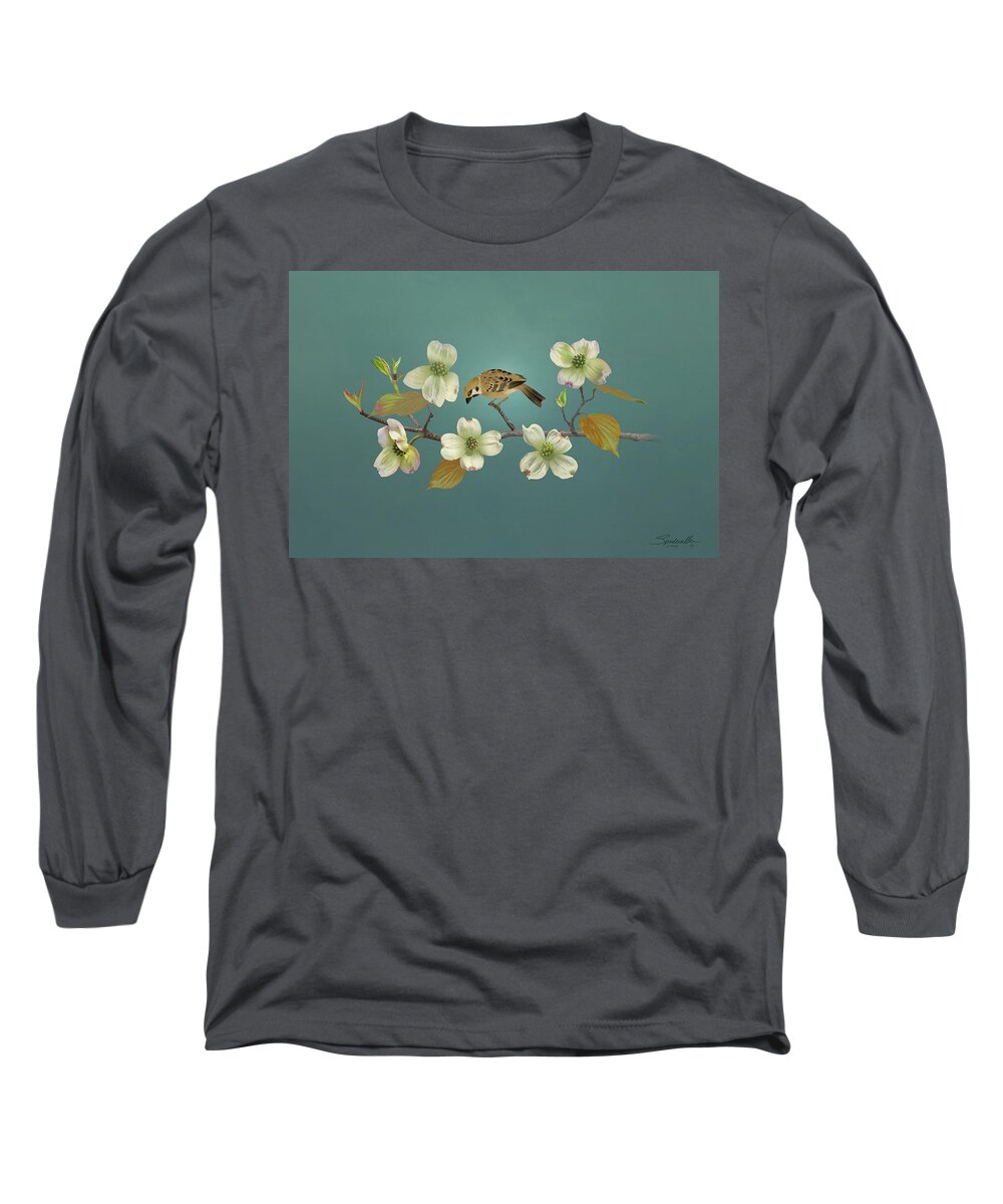 Dogwood Long Sleeve T-Shirt featuring the digital art Florida Dogwood and Sparrow by M Spadecaller