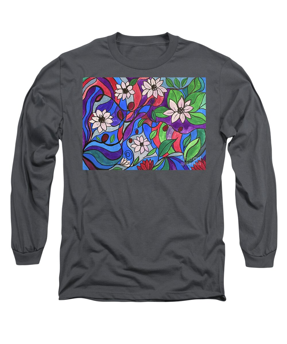 Flowers Long Sleeve T-Shirt featuring the mixed media Flowers and Curves by Lisa Neuman