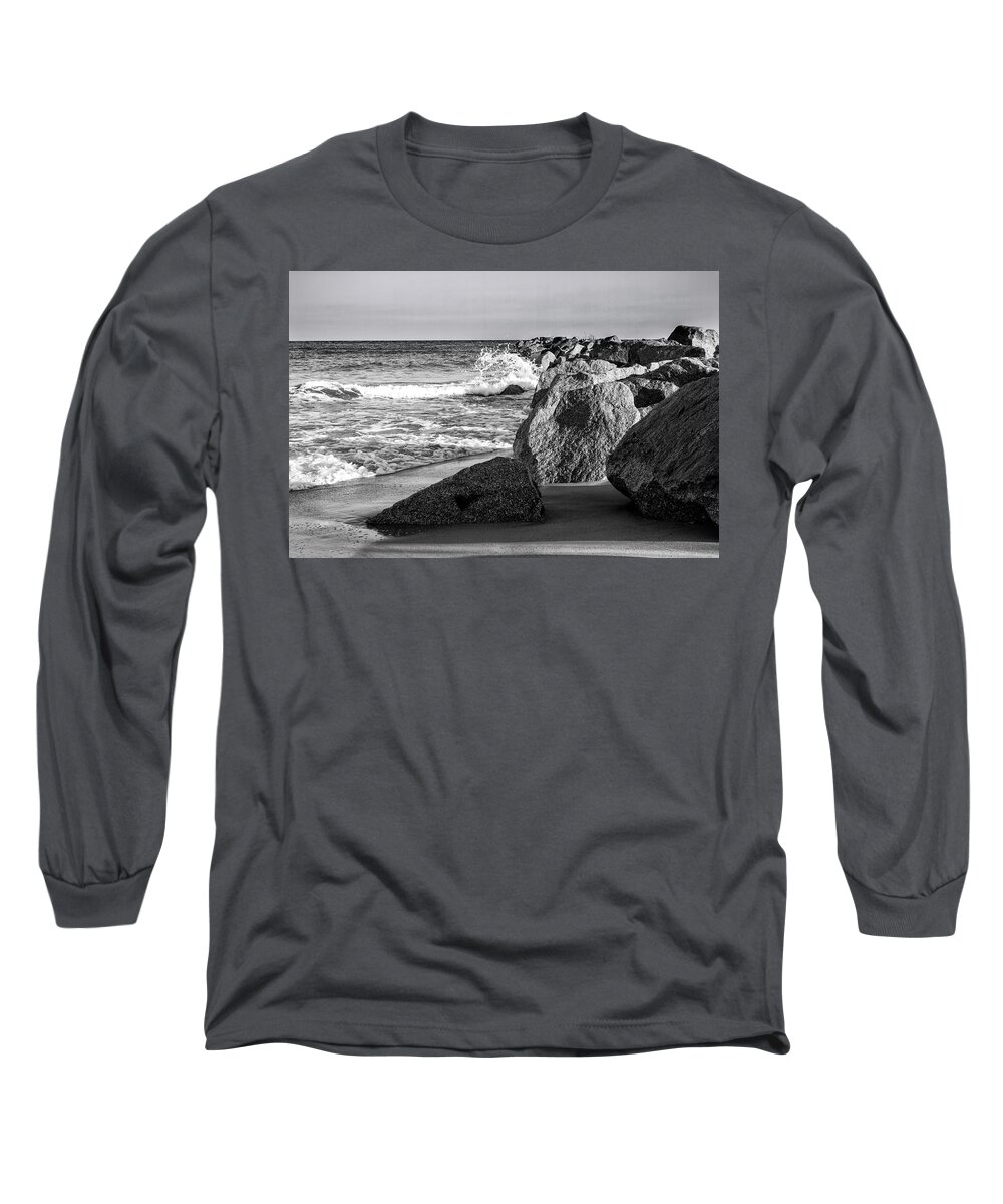 Fort Macon State Park Long Sleeve T-Shirt featuring the photograph Fort Macon State Park Rock Jetty in Black and White by Bob Decker