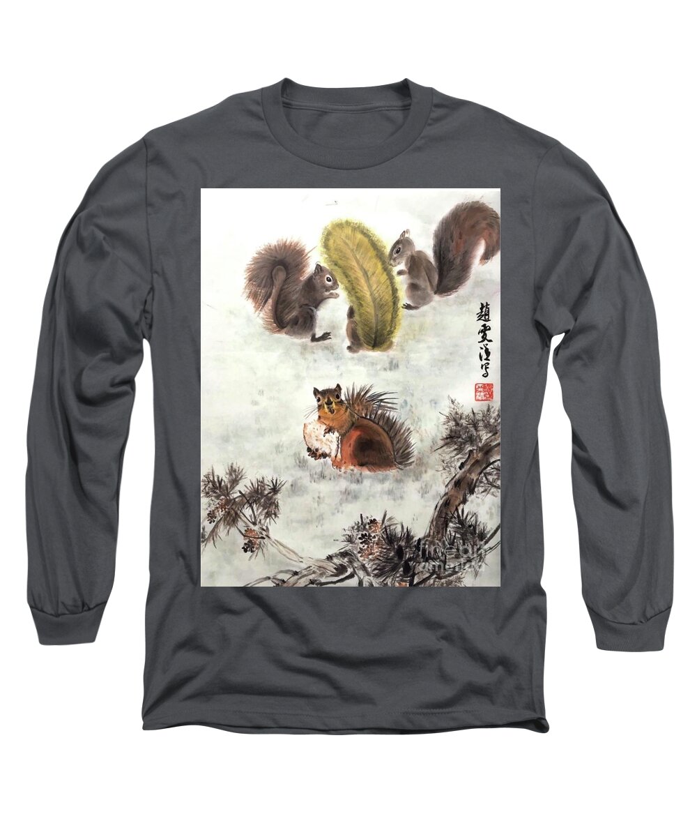 Squirrels Long Sleeve T-Shirt featuring the painting Four Squirrels In The Neighborhood by Carmen Lam