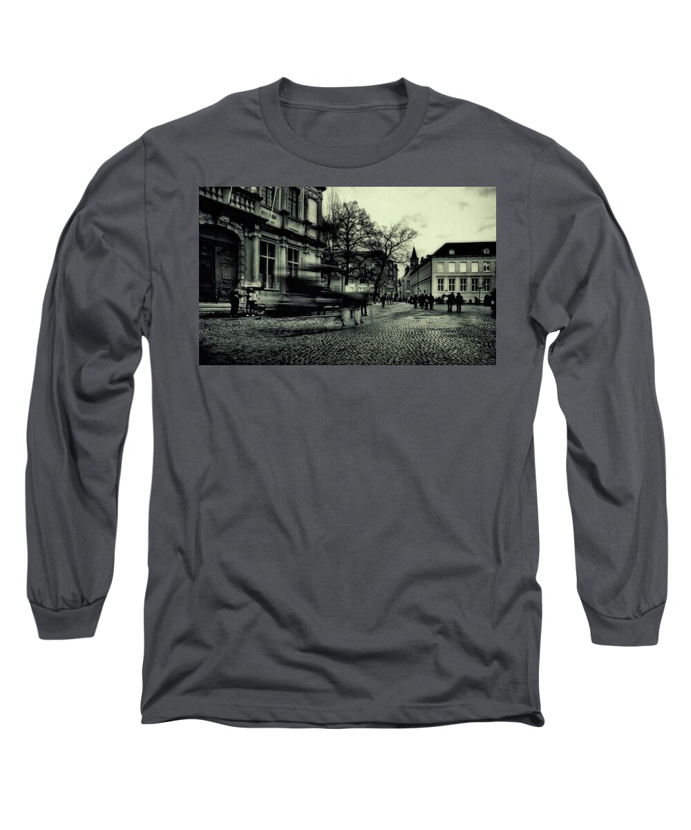#bruges #belgium #horse #coach #galagan #edwardgalagan #brugge #longexposure #evening #town #city #street #instagram Long Sleeve T-Shirt featuring the digital art Frowning Evening in the Old Town by Edward Galagan