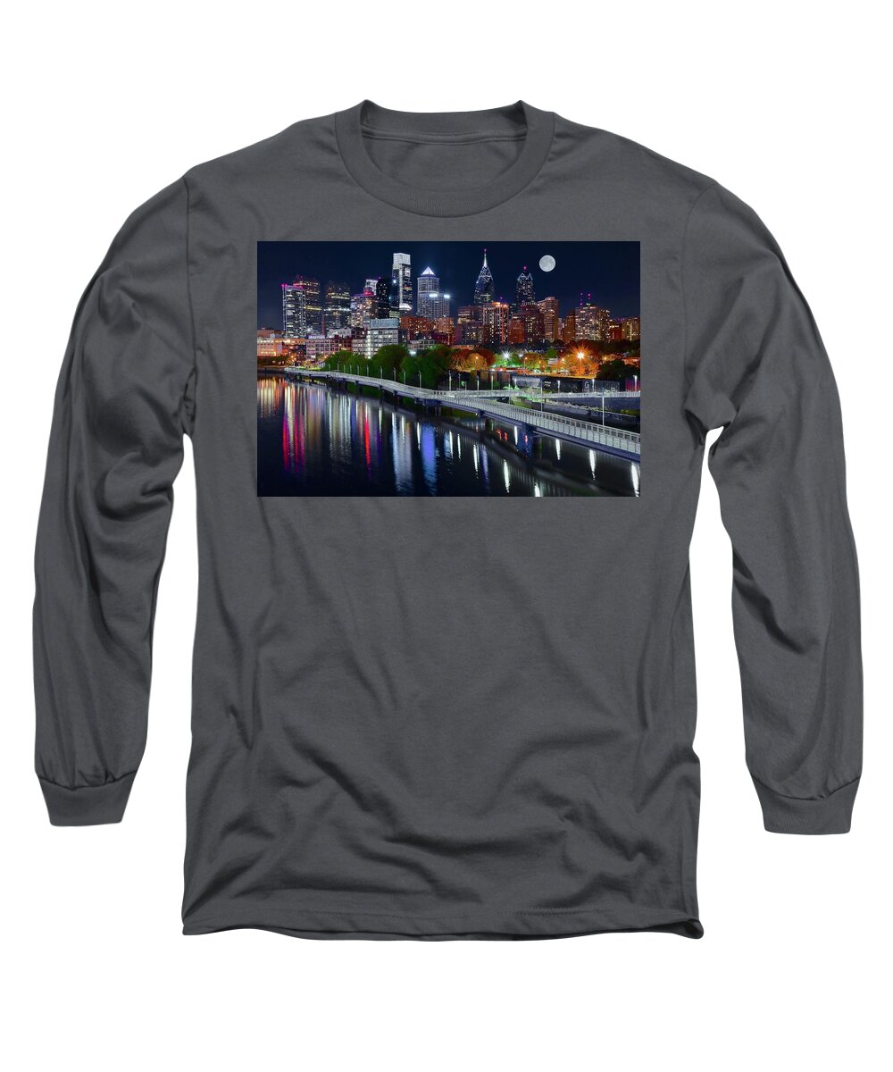 Philadelphia Long Sleeve T-Shirt featuring the photograph Full Moon Over Philly by Frozen in Time Fine Art Photography