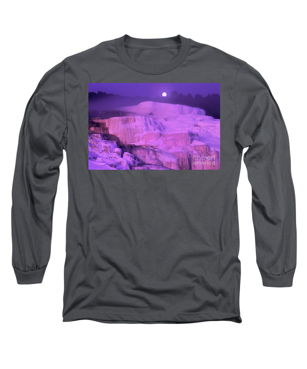 North America Long Sleeve T-Shirt featuring the photograph Full Moon Sets over Minerva Springs on a Winter Morning Yellowstone National Park by Dave Welling