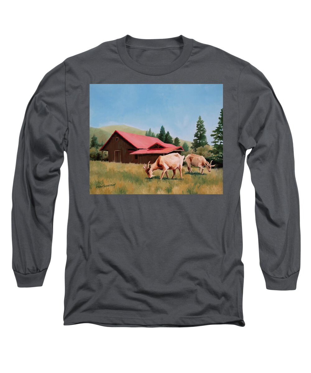 Goats Long Sleeve T-Shirt featuring the painting Goats Grazing by Barn by Jordan Henderson