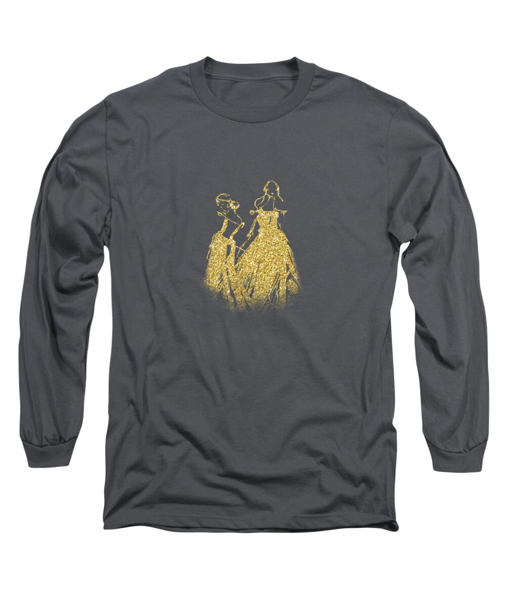Sisters Long Sleeve T-Shirt featuring the mixed media Golden Sisters on Purple by Elisabeth Lucas