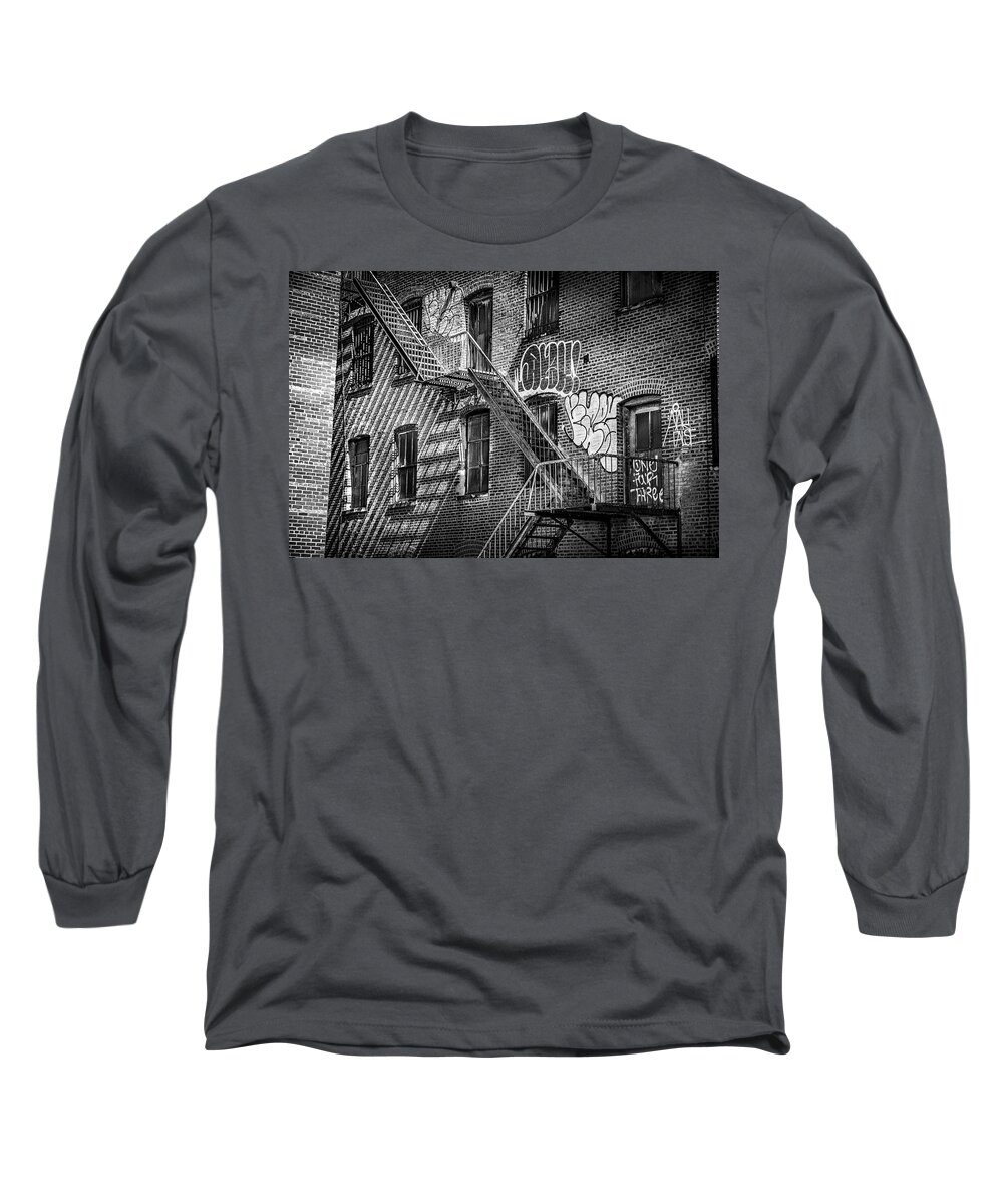 Graffiti Long Sleeve T-Shirt featuring the photograph Graffiti and Fire Escapes by Penny Polakoff