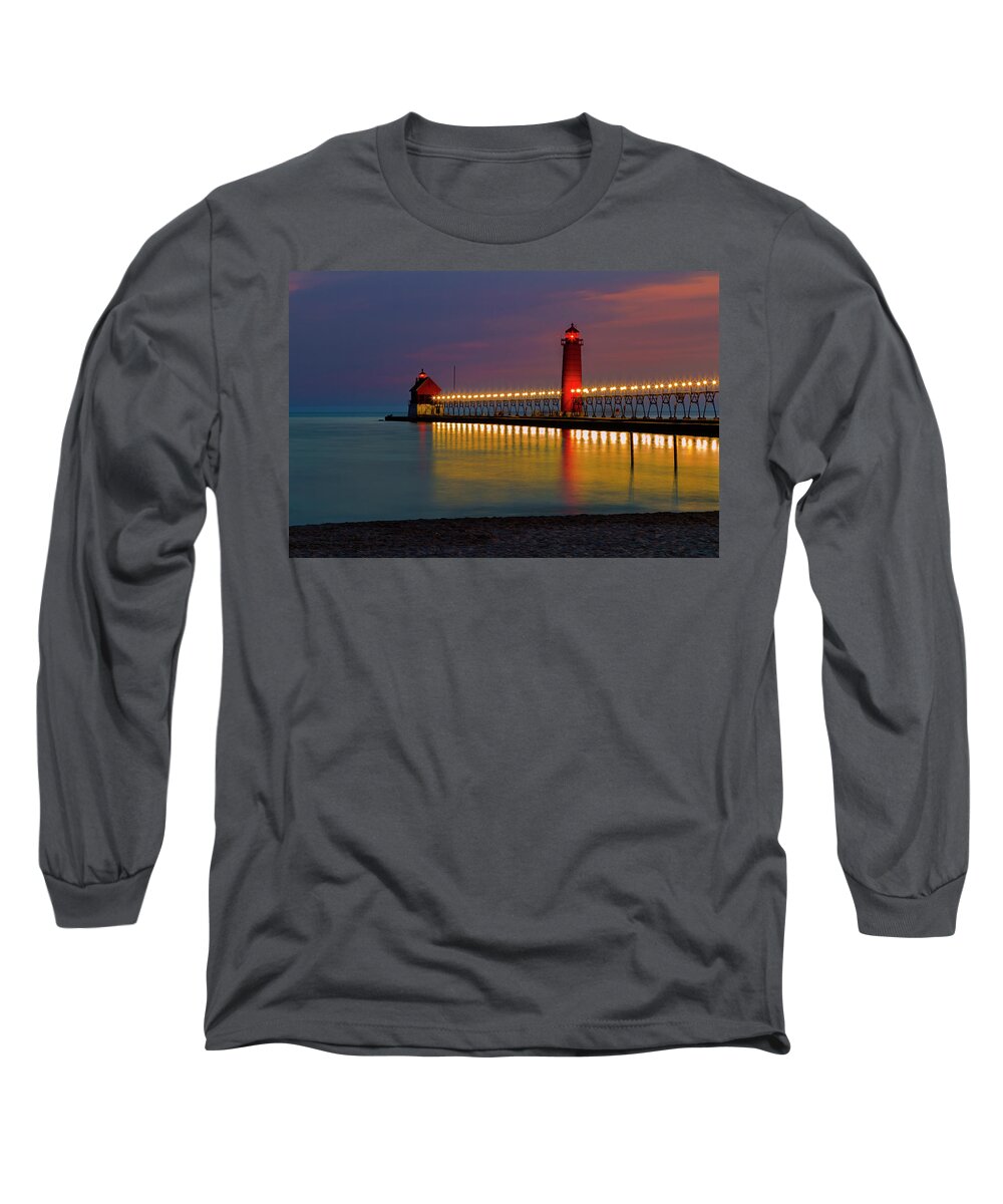 Sunset Grand Long Sleeve T-Shirt featuring the photograph Grand Haven South Pier Lighthouse by Jack R Perry