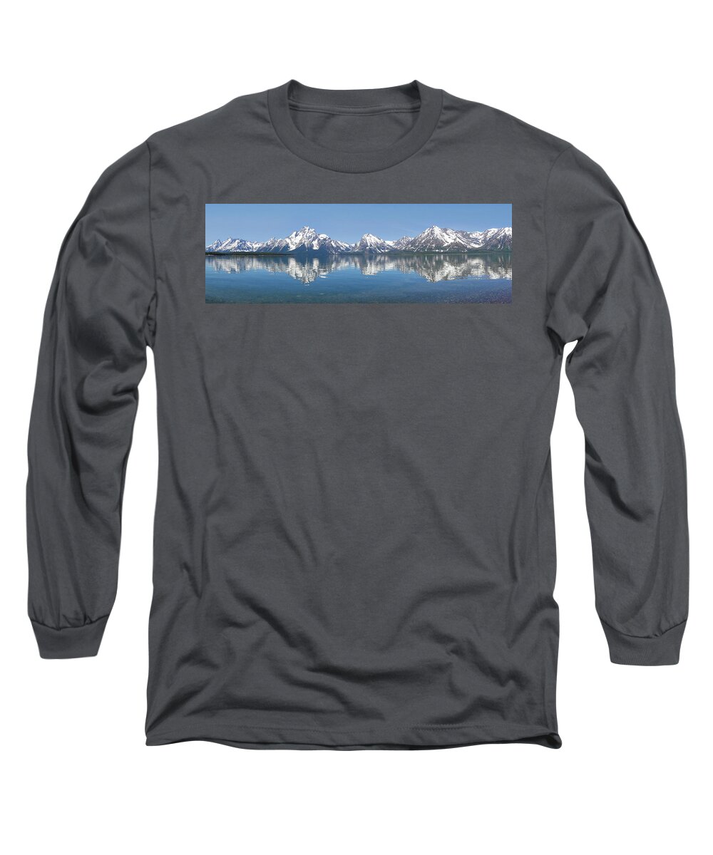 Grand Teton Reflection Panorama Long Sleeve T-Shirt featuring the photograph Grand Teton Mountains Panorama by Dan Sproul