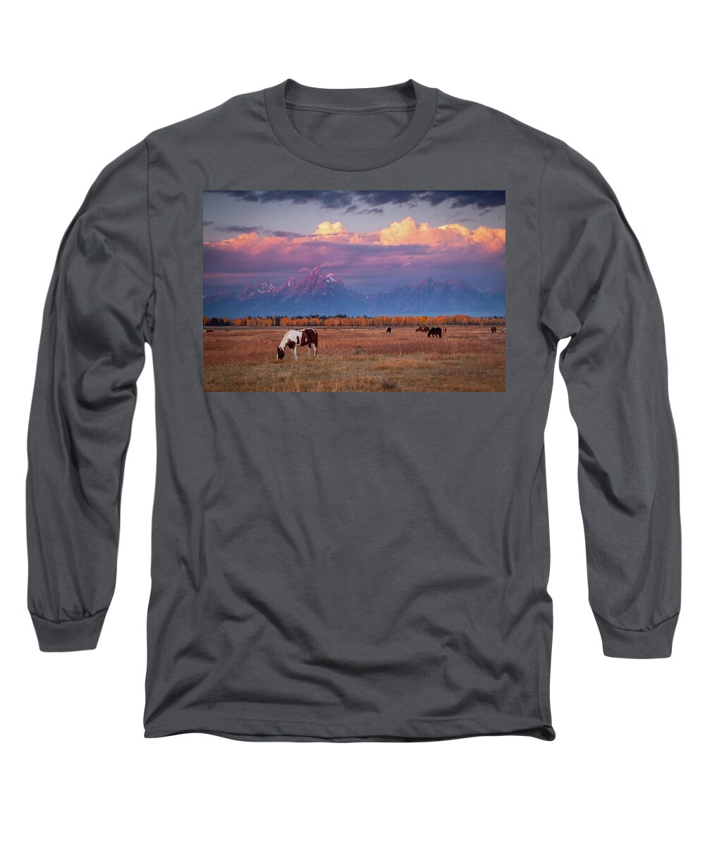 Grand Tetons Long Sleeve T-Shirt featuring the photograph Grand Teton Pasture by Wesley Aston