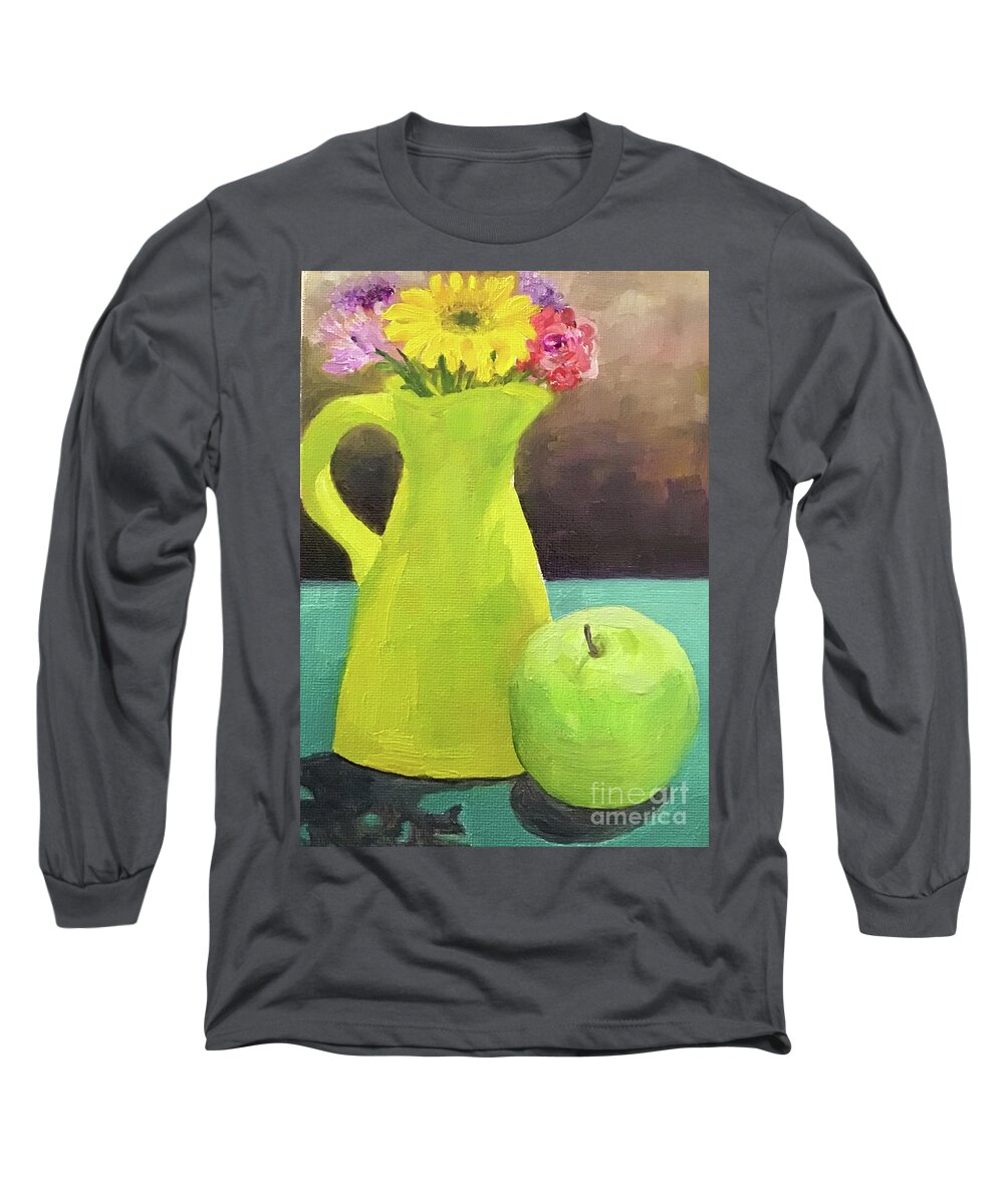 Apple Long Sleeve T-Shirt featuring the painting Green Pitcher and Apple by Anne Marie Brown